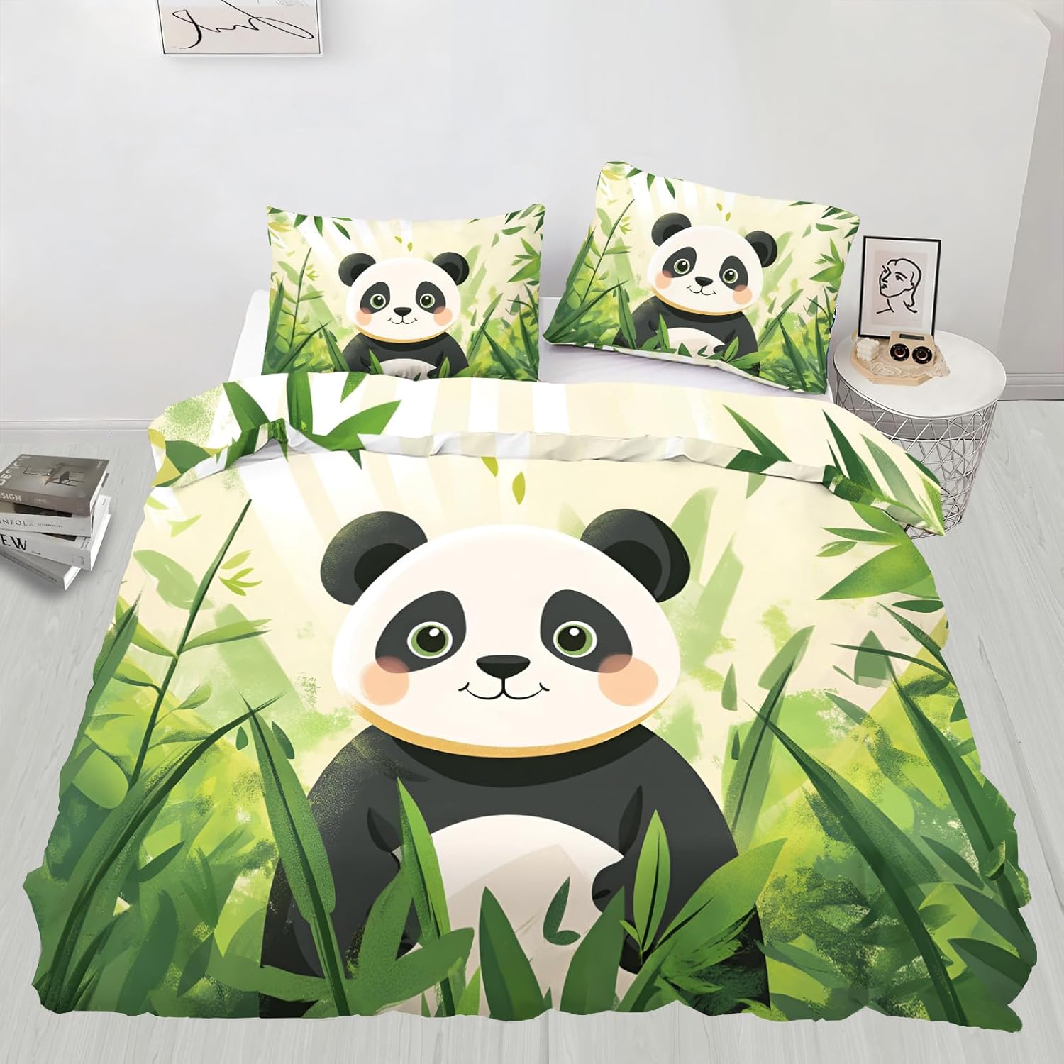 Cute Panda Duvet Cover California King, Watercolor Green Bamboo Bedding Set 3 Piece Bedroom Decor Cartoon Panda Comforter Cover with Zipper Ties & 2 Pillowcases