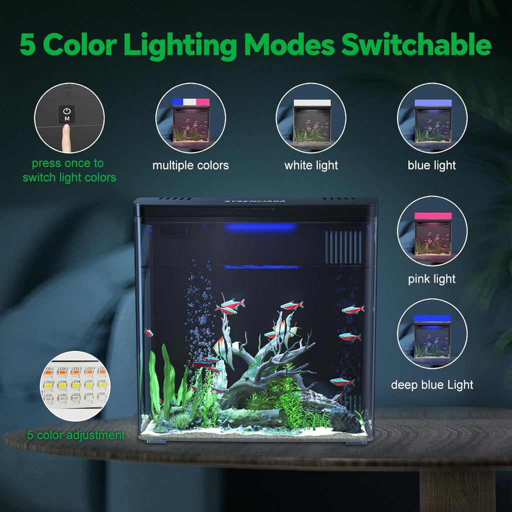 Desktop Fish Tank, 1.2 Gallon Self-Cleaning Smart Aquarium with Filter & 5-Color LED Light, Auto-Cycling Quiet Pump for Betta, Shrimp, Guppy, Goldfish