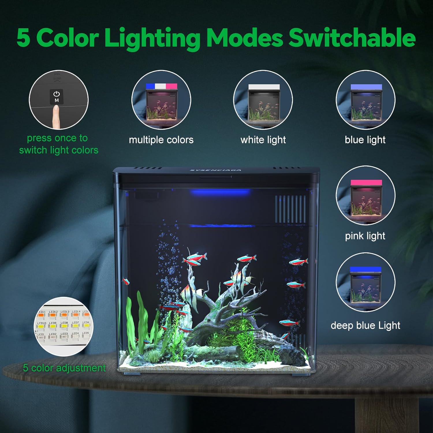 Desktop Fish Tank, 1.2 Gallon Self-Cleaning Smart Aquarium with Filter & 5-Color LED Light, Auto-Cycling Quiet Pump for Betta, Shrimp, Guppy, Goldfish