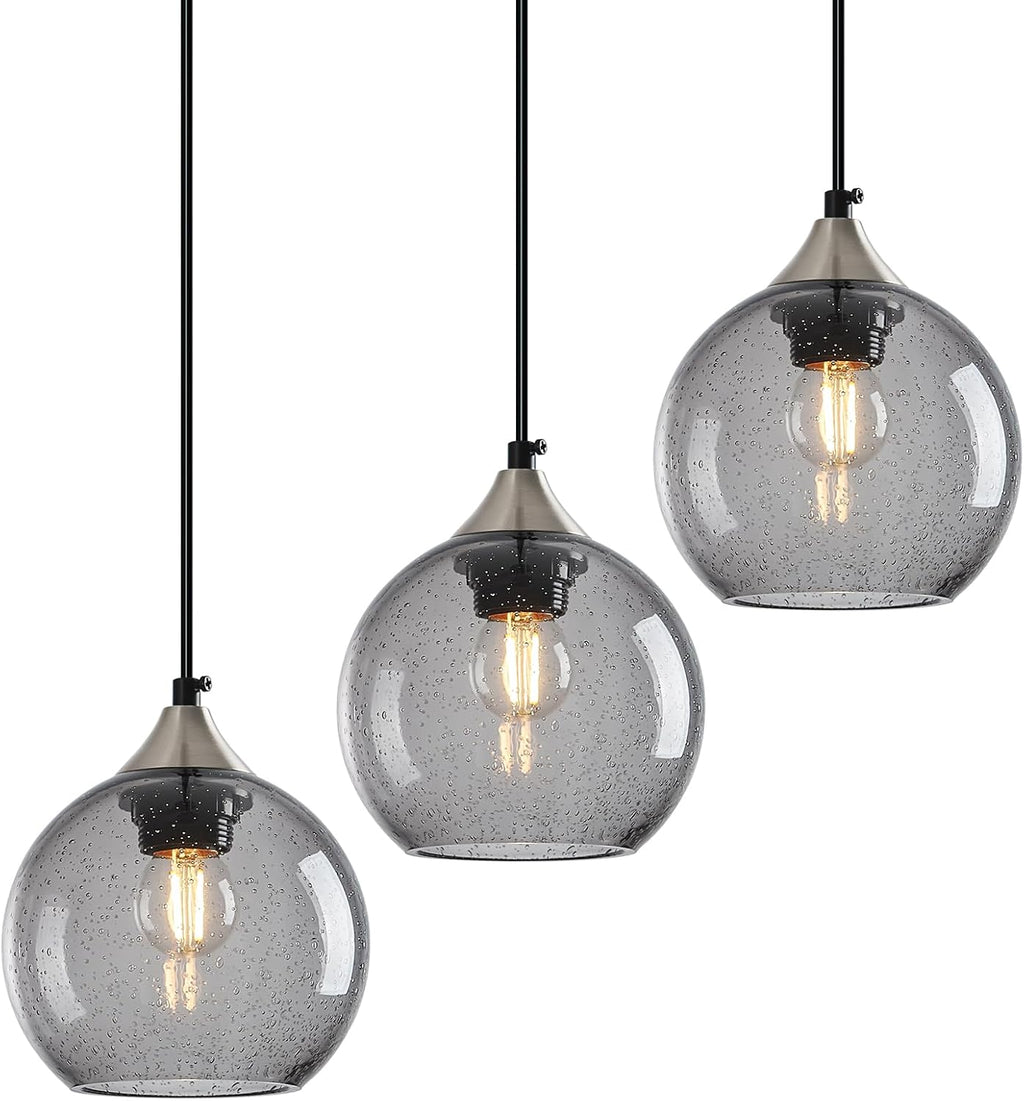 Light Grey Glass Pendant Lights Kitchen Island Globe Pendant Light Fixtures Modern Pendant Lighting for Bedroom Living Dining Room Light Fixture (5.9 in, 3 Pack)