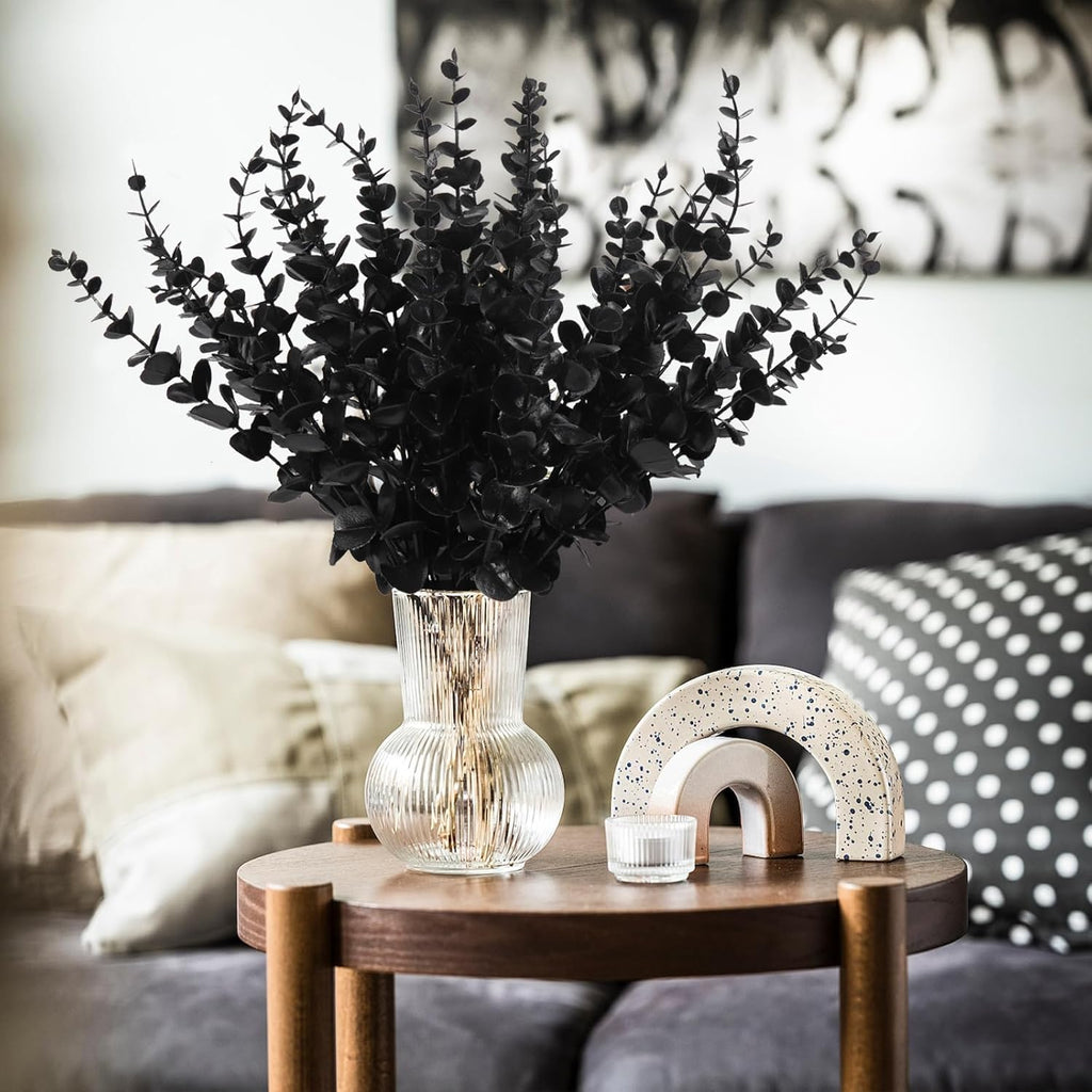 RECUTMS 36Pcs Black Eucalyptus Leaves Stems Artificial Eucalyptuses Leaf Branches for Halloween Picks Autumn Fall Floral Arrangement Wedding Centerpiece Flower Bouquet Home Office Decoration
