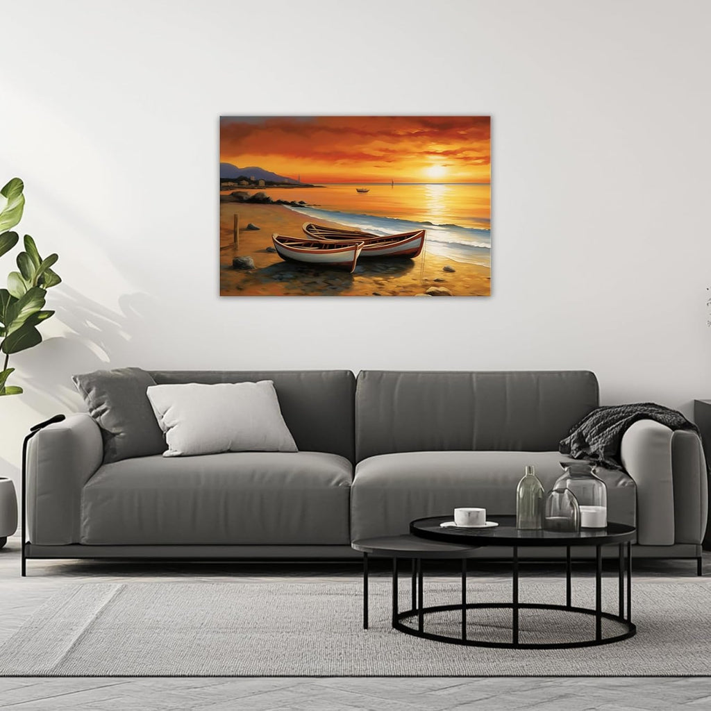 GLOKAKA Coastal Wall Art Ocean Beach Boat Canvas Print Sunset Seascape Pictures Ocean Landscape Painting Nature Artwork for Bathroom Living Room Bedroom Office Home Decor