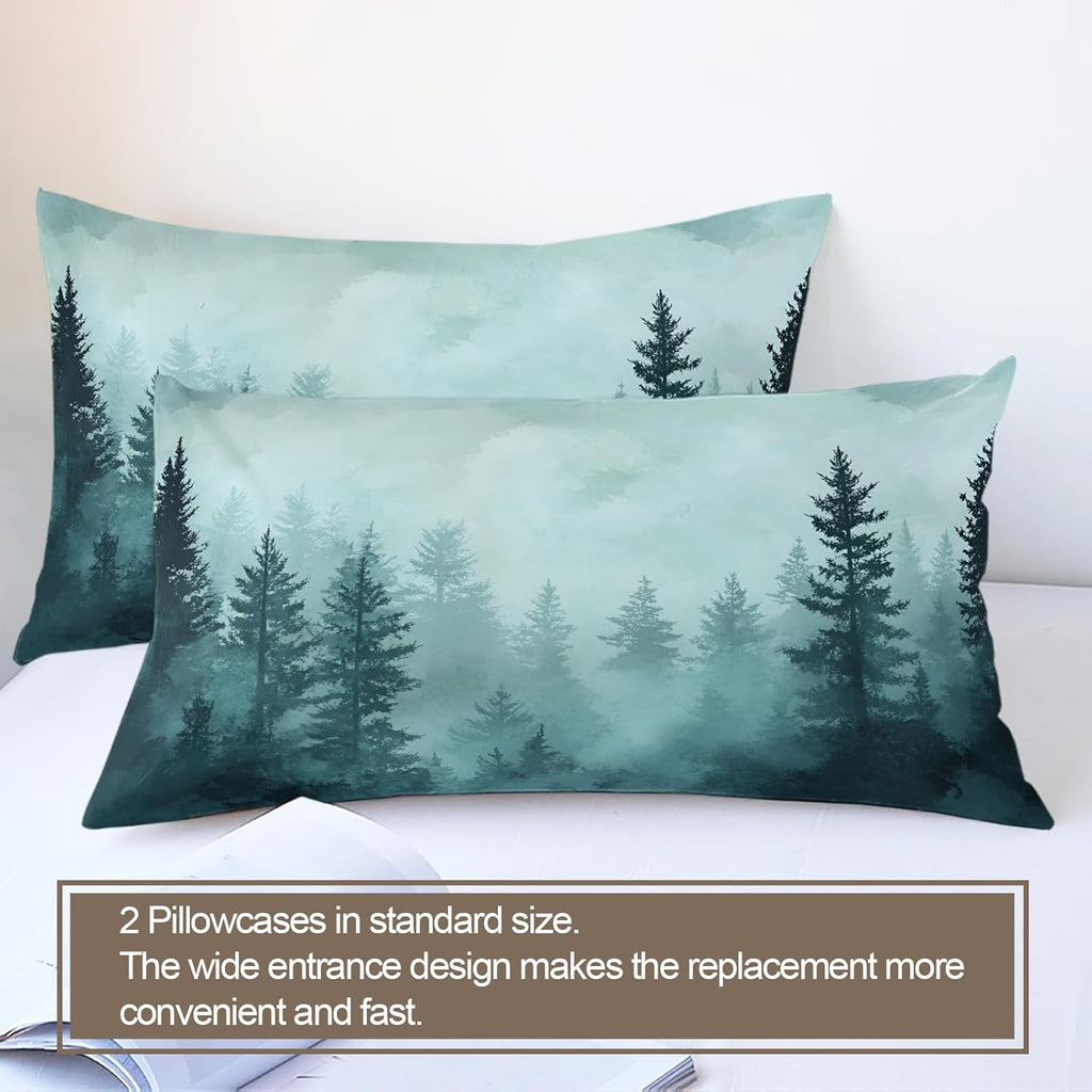 Misty Forest Duvet Cover King Size, Watercolor Green Tree Bedding Set 3 Piece Bedroom Decor Vintage Natural Comforter Cover and 2 Pillow Sham with Zipper Closure