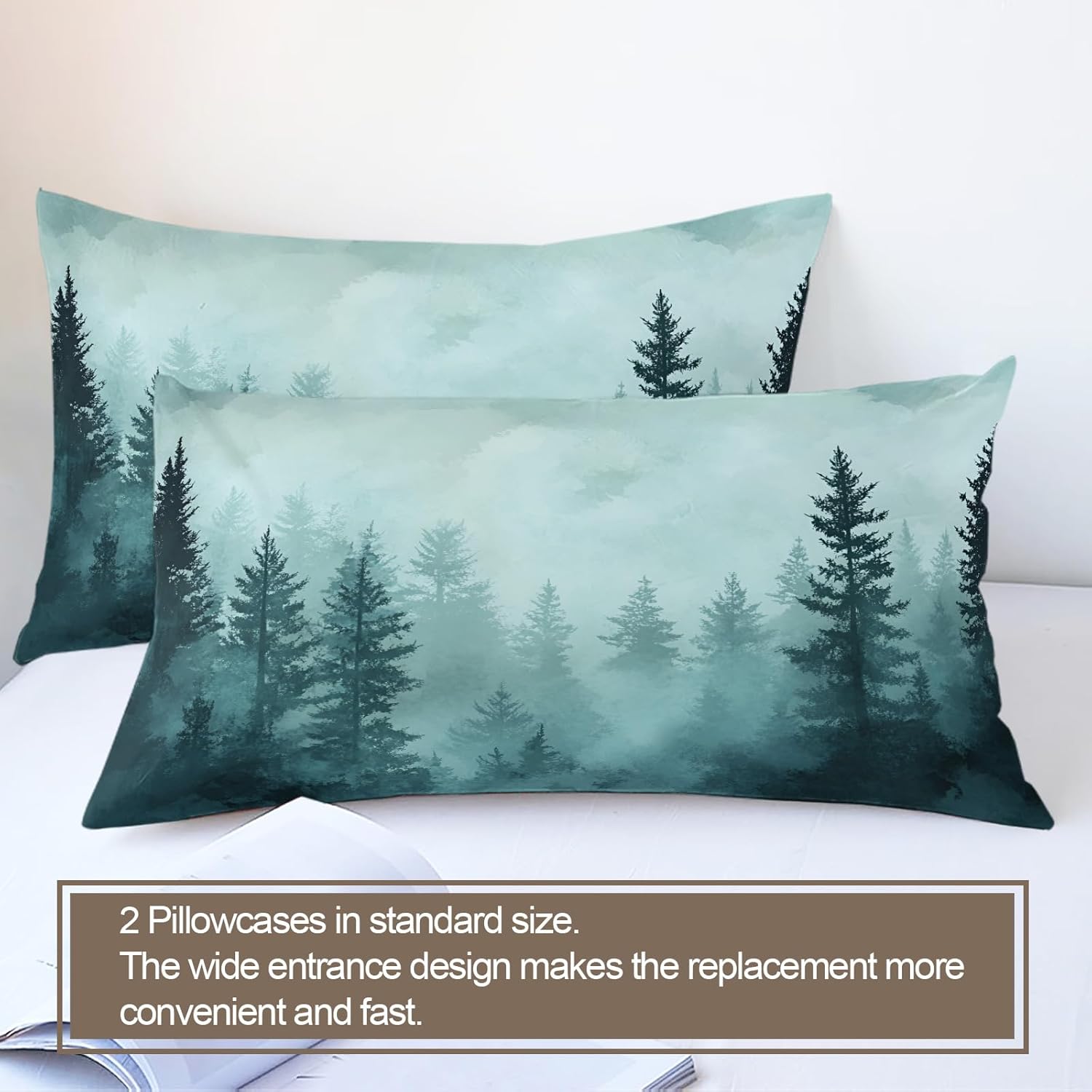 Misty Forest Duvet Cover Twin Watercolor Green Tree Bedding Set 2 Piece for Kids Decor Vintage Natural Comforter Cover and 1 Pillow Sham with Zipper Closure