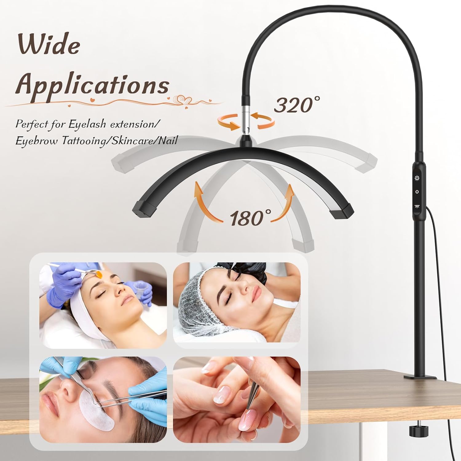 Half Moon Light with Clamp, LED Manicure Table Lamp, Desk Lamp for Nail Desk, Eyelash Extensions, Skincare and Tattoo, 5 Brightness Levels and 5 Color Modes, Remote Control (Black)