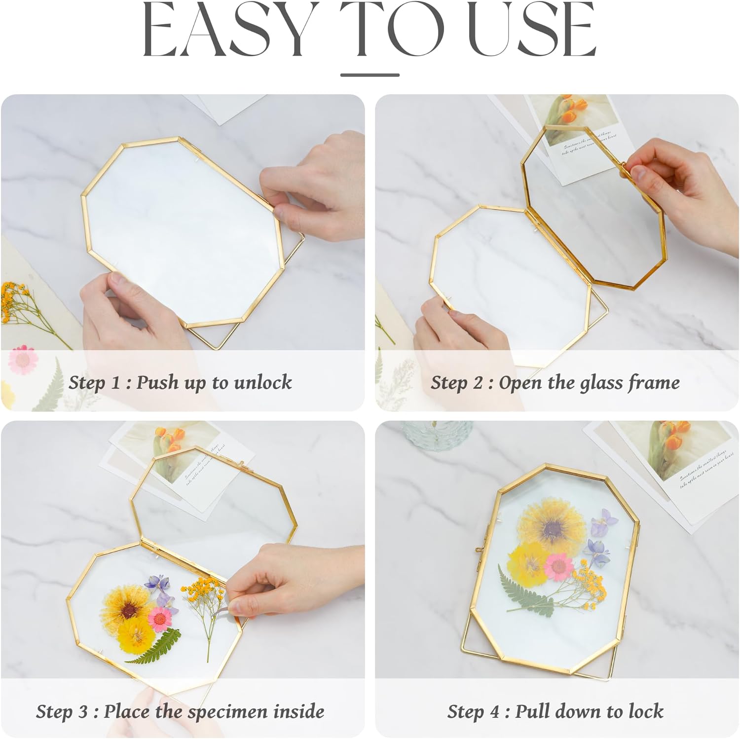 Glass Pressed Flower Frame Handmade, Metal Floating Picture Frame, Double Glass for Tabletop Display, Unique Brass Octagon, Gold, 6x8 Inches (Frame Only)