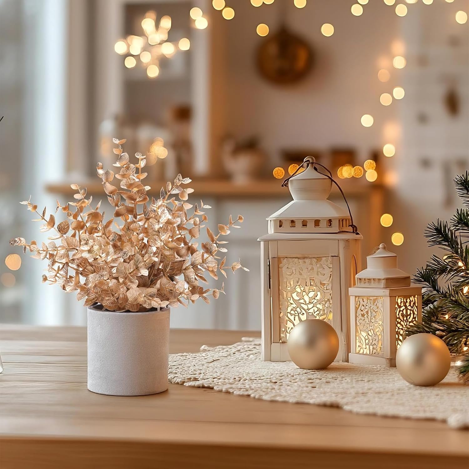 2 Pack Gold Eucalyptus Small Fake Plants Potted Artificial Plants for Christmas Decorations Shelf Desk Home Farmhouse Room Coffee Table Bathroom Decor