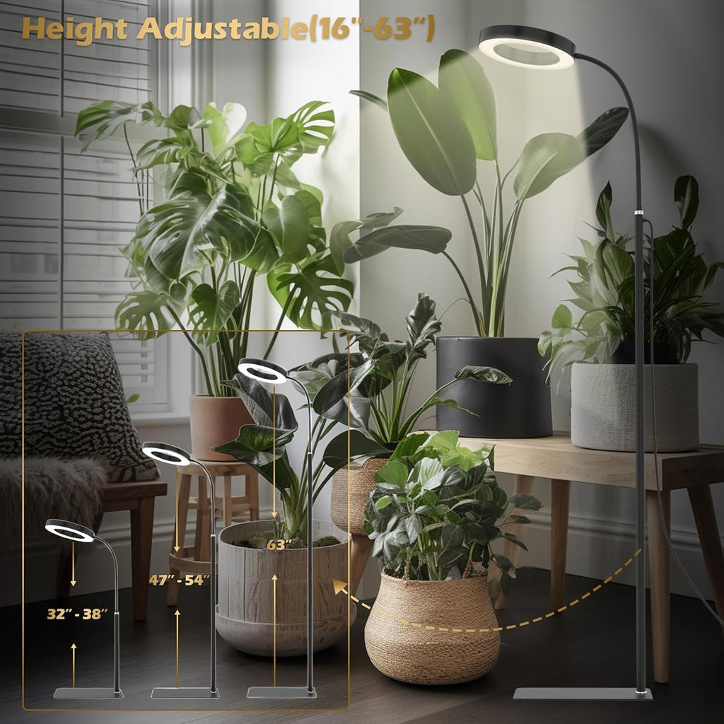 GLOWRIUM Grow Lights for Indoor Plants, Full Spectrum LED Grow Light Floor Lamp with Stand Adjustable Height and Angle, Black Plant Light with 3/9/12H Grow Light Timer (Black, 20W)