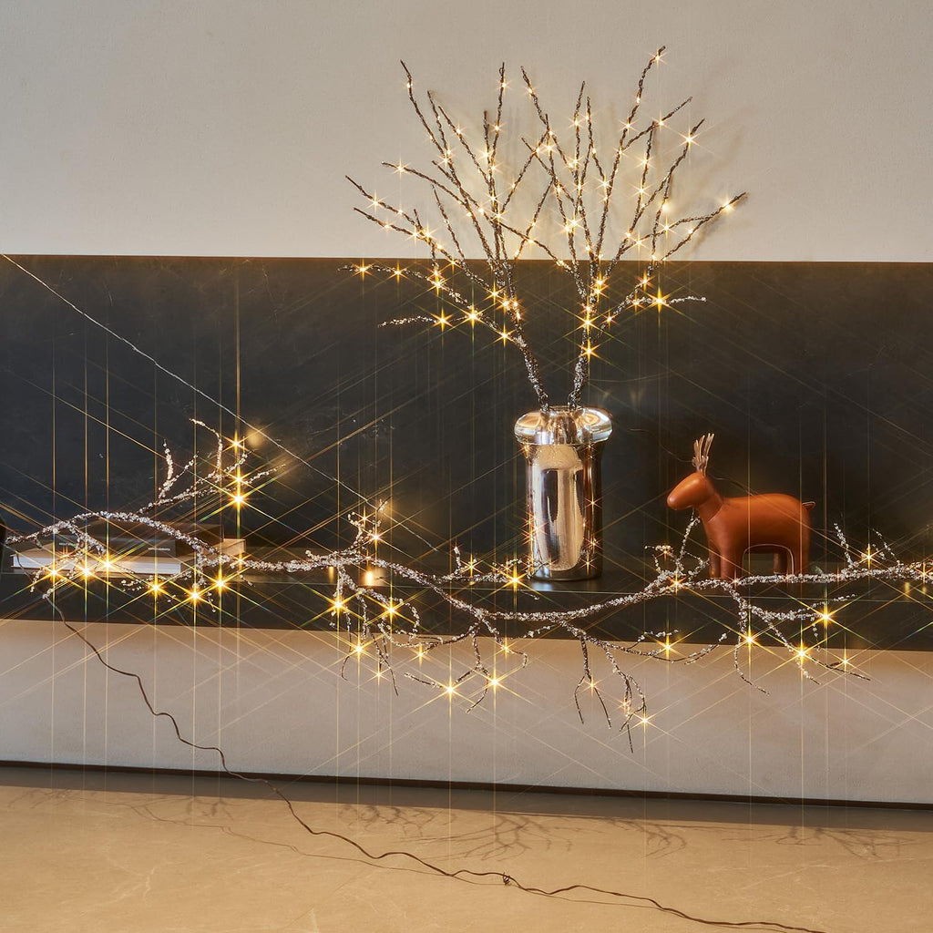 Fudios Lighted Iced Garland with Timer 48 LED Fairy Lights 6ft Battery or USB Plug for Mantle Decor, Lit Christmas Brown Twig Garland Winter Home Holiday Indoor Use