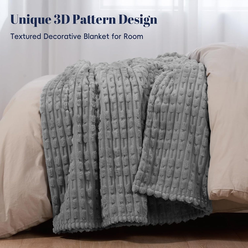 PHF Ultra Soft Flannel Fleece Blanket Twin Size, Lightweight 3D Jacquard Fleece Blanket, No Shedding, No Pilling, Luxury 340GSM Aesthetic Fluffy Cozy Bedding for Bed Room Decor, 66"x90", Frost Gray