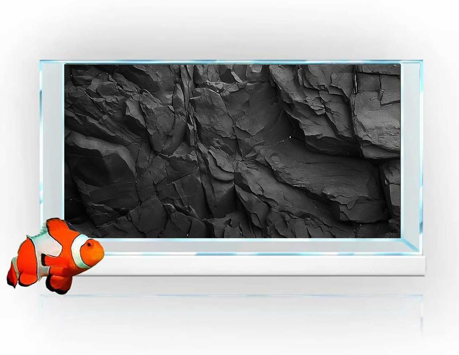 Stone Aquarium Background, Underwater Black Rock Fish Tank Background Rocky Terrarium Background, Polyester Background with 6 EVA Double-Sided Tapes 48x24 inches/120x60cm
