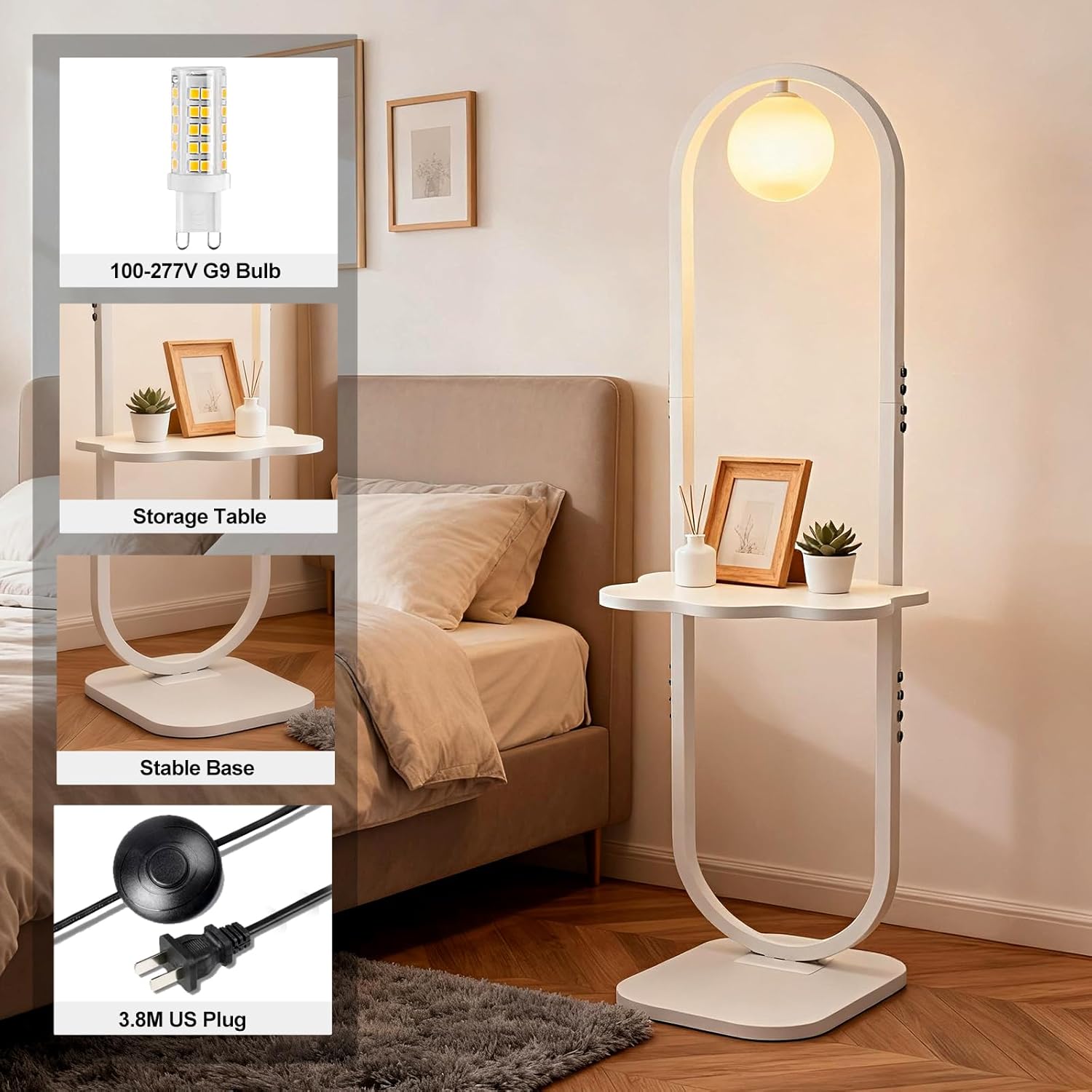 Lightdot 47-Inch Arch Floor Lamp, Modern Standing Lamp with Table, White Metal Frame with Globe Shade, Living Room Bedroom Lighting, G9 LED Bulb Included