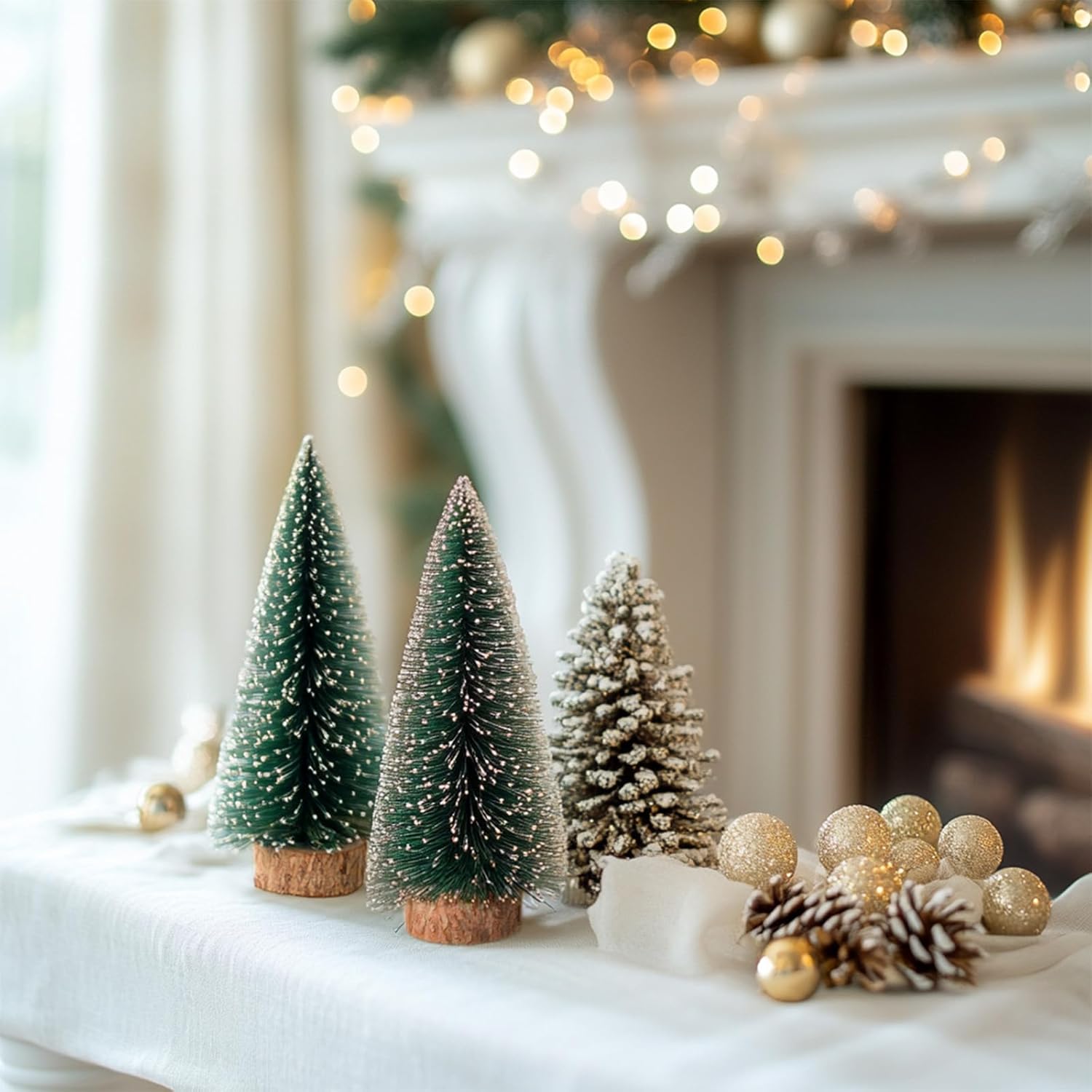2pcs 12inch Mini Christmas Tree Bottle Brush Trees Chrismas Village Trees Ornaments Mini Plastic Christmas Trees with Wooden Base for Christmas Decoration Miniature Chrismas Tree