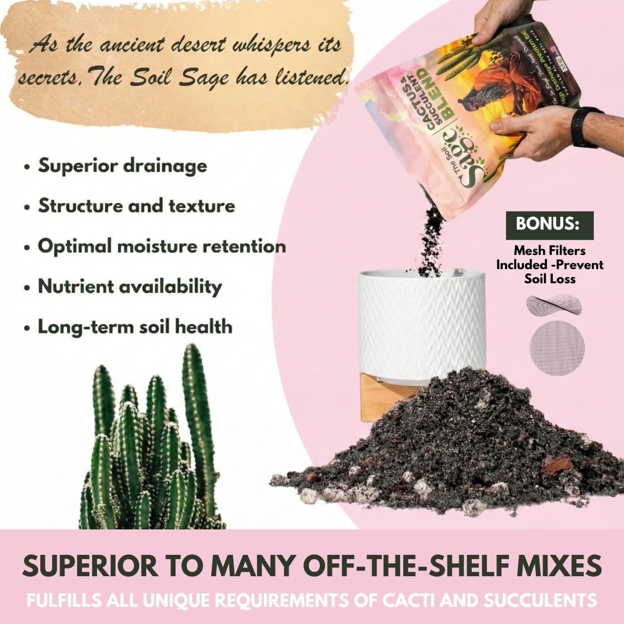 Soil Sage Cactus & Succulent Potting Mix 2.5Qt - Premium Fast Draining Soil for Indoor Plants and Aloe Vera - High Drainage Blend for Healthy Roots and Growth - Made in USA (Cactus / 2.5 QT)
