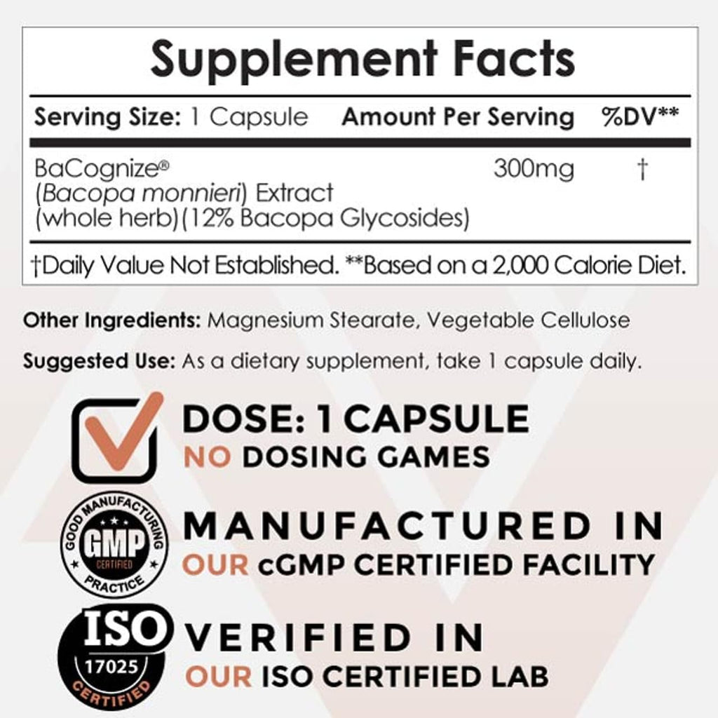 BaCognize Bacopa Monnieri Capsules | 300mg | 240 Count | Ayurvedic Herb | Nootropic Brain Booster | Supports Stress Management | Improves Memory, Cognition + Mood