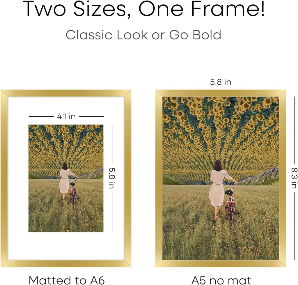 Homeforia A5 Picture Frame Gold, High End Metal 5.8 x 8.3 Frames Matted to 4.1 by 5.8 inch Photo, A5 Frame with Mat A6, 5.8x8.3 Poster Frames, 8.3x5.8 Display Frame, Tempered Glass, Wall Kit, Set of 3