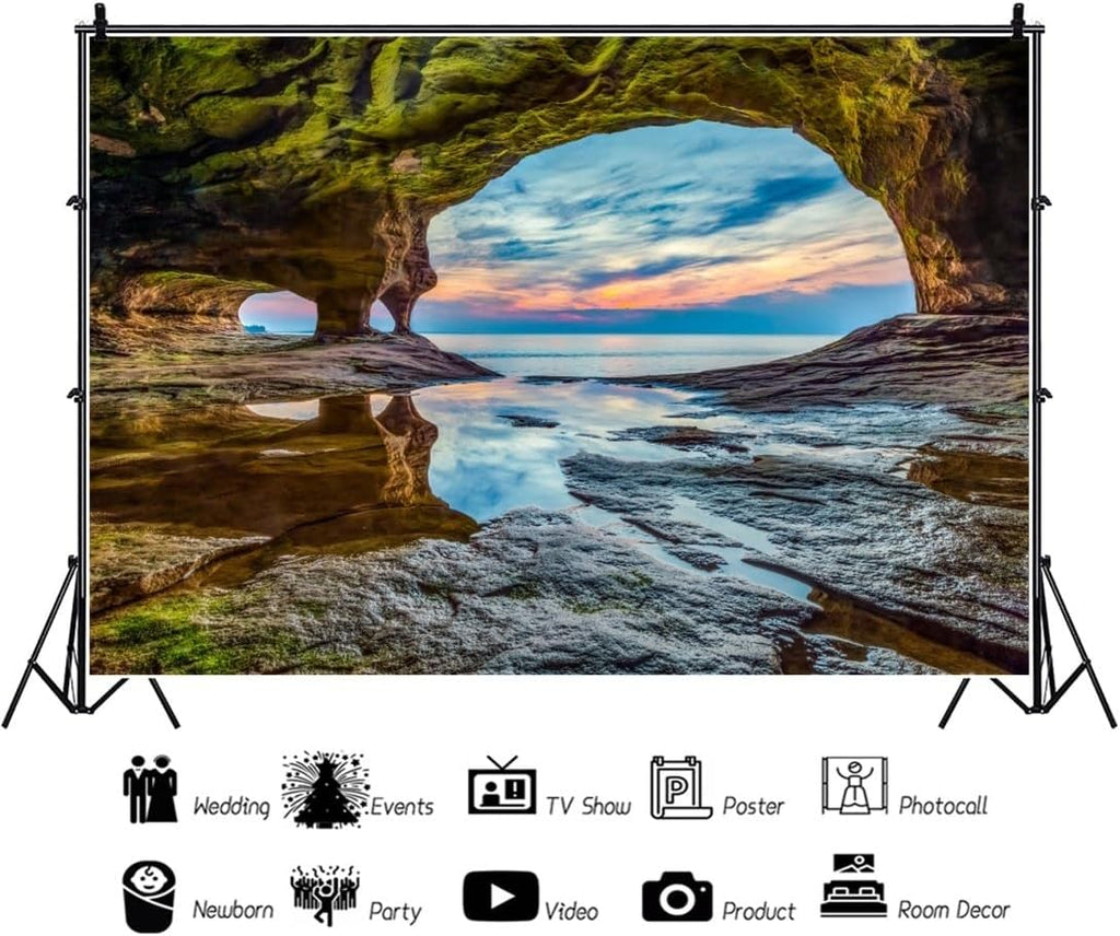 8x6ft Ocean Backdrop Summer Tunnel Mountain Sunset Blue Lake Water Moss Seaside Scenery Luau Photography Background Party Holiday Birthday Wedding Studio Photo Props Polyester