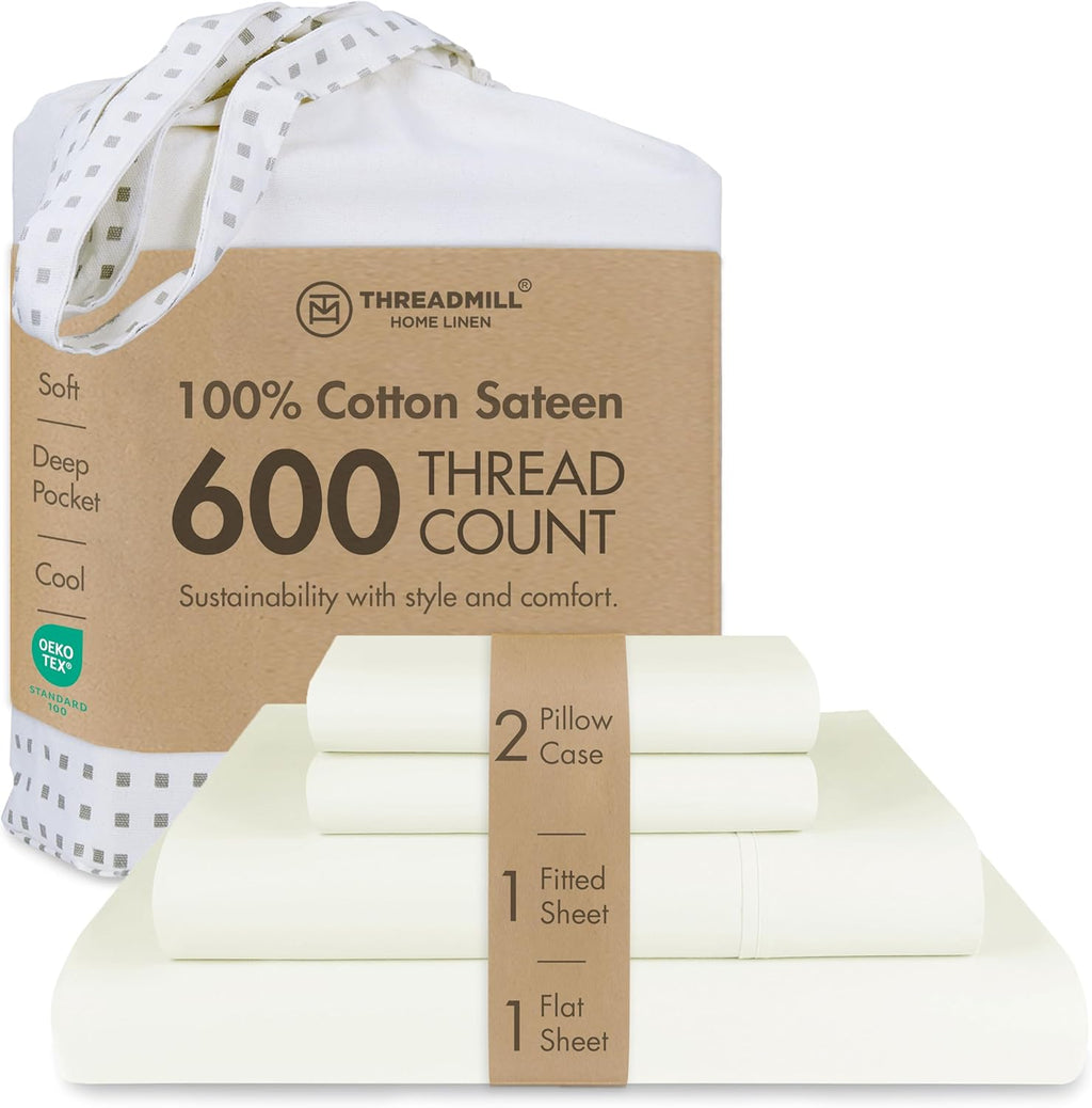 Threadmill 100% Cotton Sheets for Cal King Size Bed - 600 Thread Count Cal King Bed Sheets Set with 16” Deep Pocket - Sateen Weave 4-Piece Bedding Set with Cooling Effect, Ivory