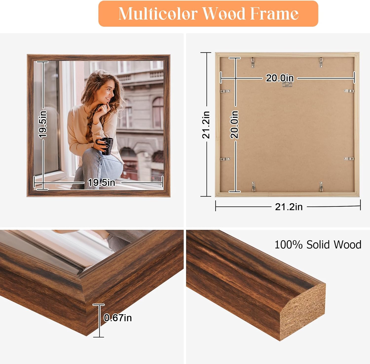 20x20 Wood Frame Brown, Rustic Natural Wooden 20x20in Poster Picture Frame, Distressed 20 x 20inch Woodgrain Gallery Photo Frame with HD Plexiglass, Horizontal Vertical Wall Mounting Display 1pcs
