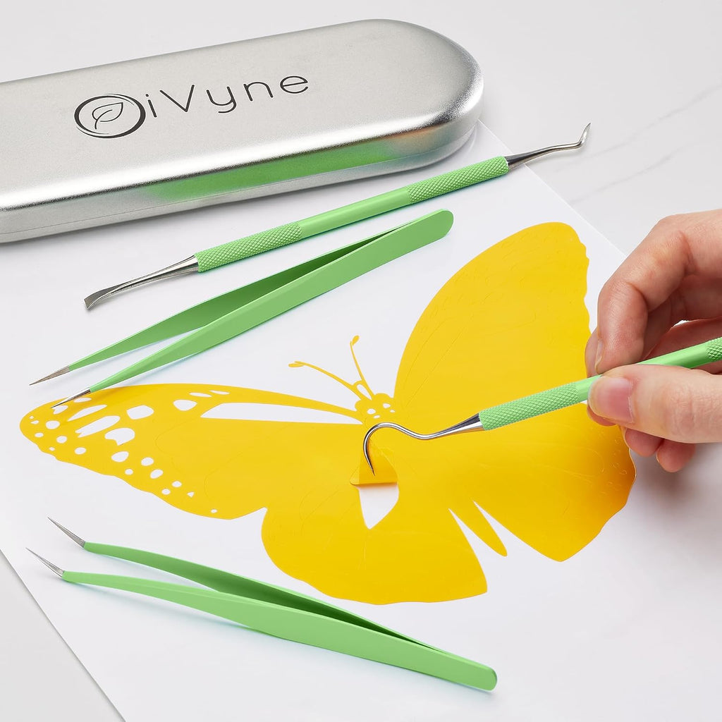Premium Vinyl Weeding Tool Kit - Precision Stainless Steel Weeder - Hook and Pick with Fine Tweezers Crafting Set for Cricut Vinyl - by iVyne (Green)