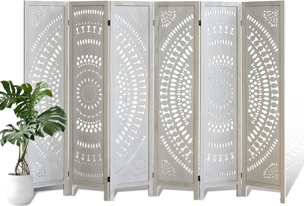 6 Panel Wood Room Divider Fully Assembled, Decorative Room Dividers and Folding Screens, 5.6Ft Room Divider Screen Freestanding Partition Wall Dividers for Home Bedroom Office, White