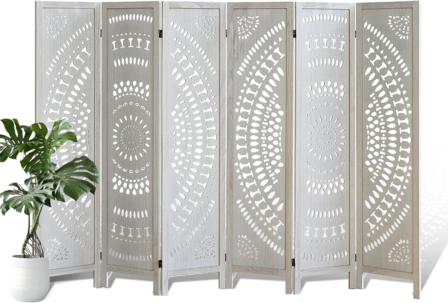 6 Panel Wood Room Divider Fully Assembled, Decorative Room Dividers and Folding Screens, 5.6Ft Room Divider Screen Freestanding Partition Wall Dividers for Home Bedroom Office, White