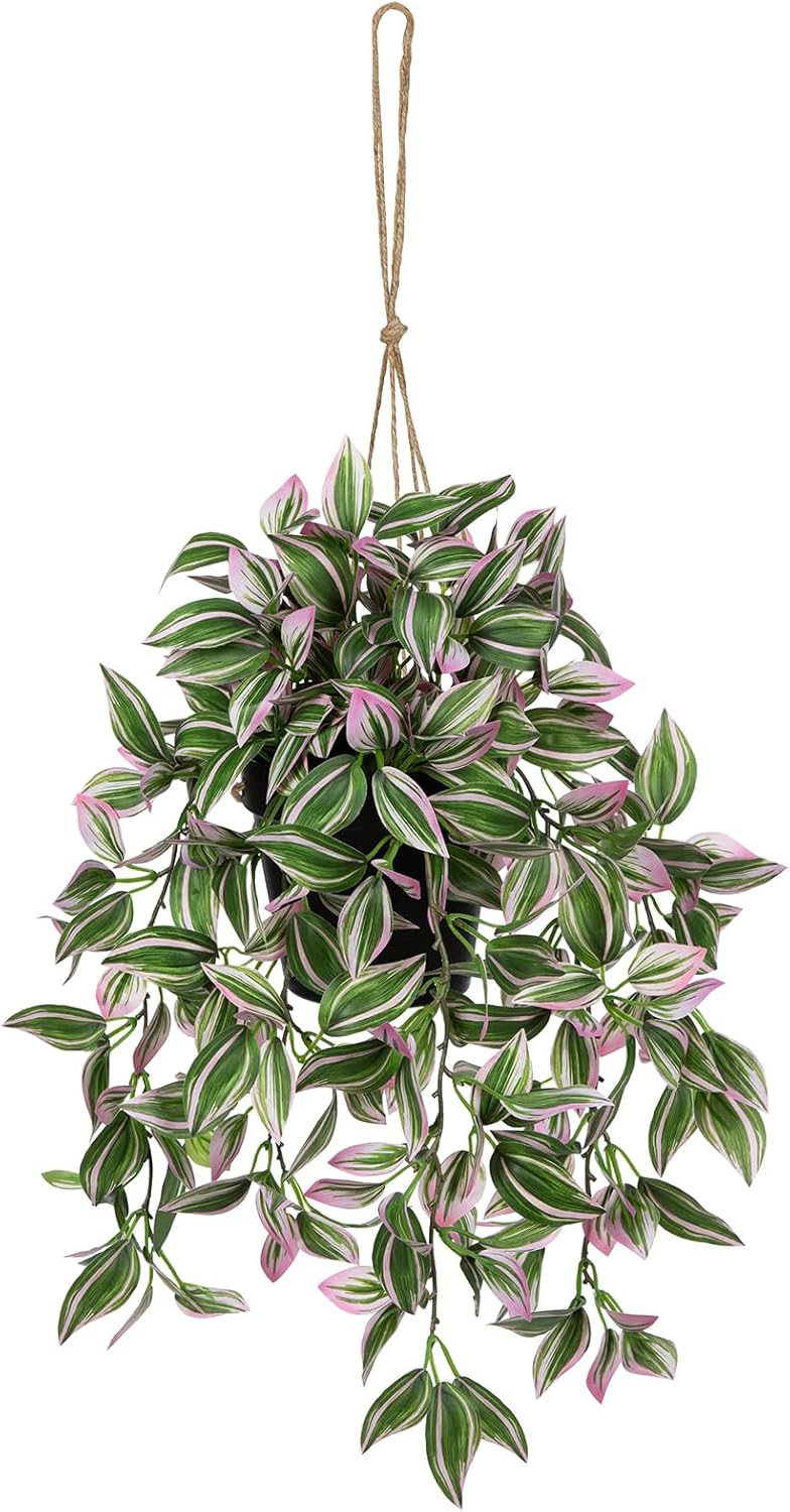Briful Fake Hanging Plants 17.7" Faux Watermelon Peperomia Silk Plants with Black Pot Artificial Hanging Greenery for Home Garden Balcony Outdoor Patio Decor