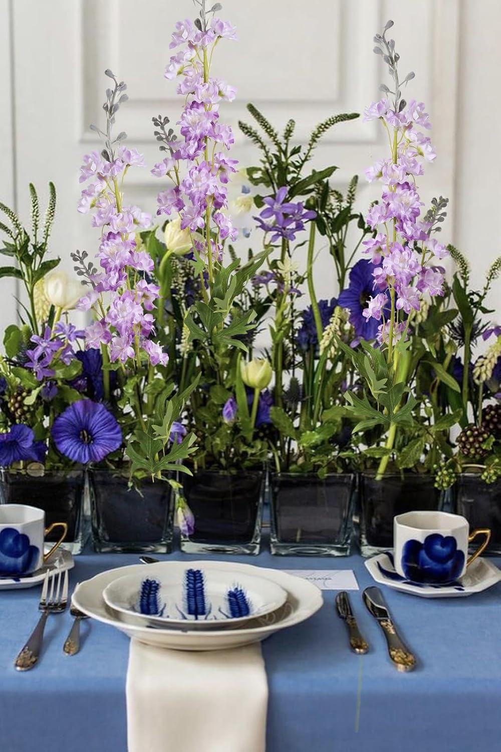 IPOPU Purple Fake Flowers 9pcs Delphinium Artificial Flowers with Clematis Greenery Stems 33.5" Bluebonnet Flowers Larkspur Snapdragon Tall Fake Flowers for Home Bridal Shower Party Decor (Purple)
