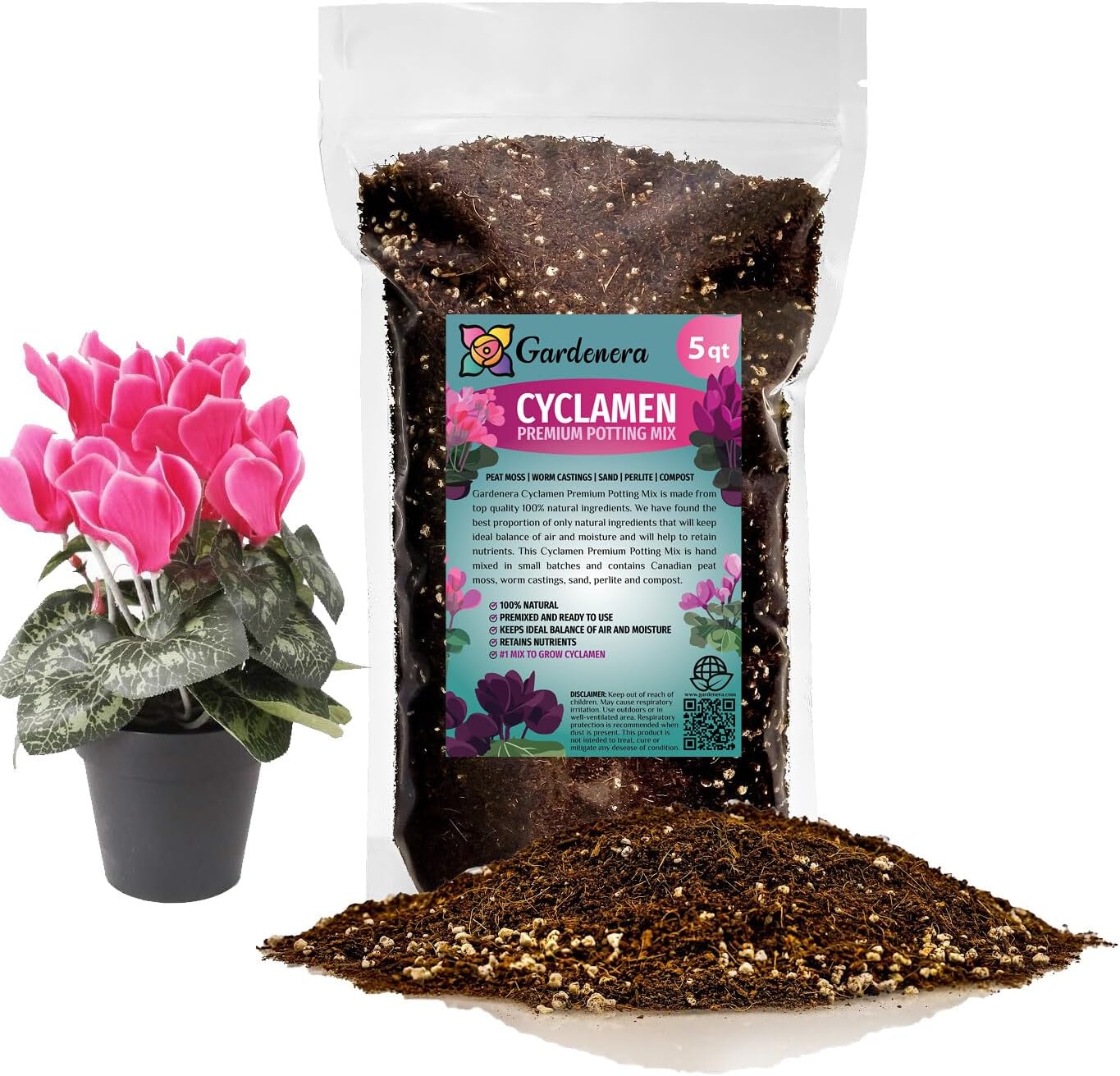 Gardenera Premium Cyclamen Potting Soil Mix - Perfect Balance of Nutrients, Drainage, and Aeration for Thriving Blooms - 5 Quart