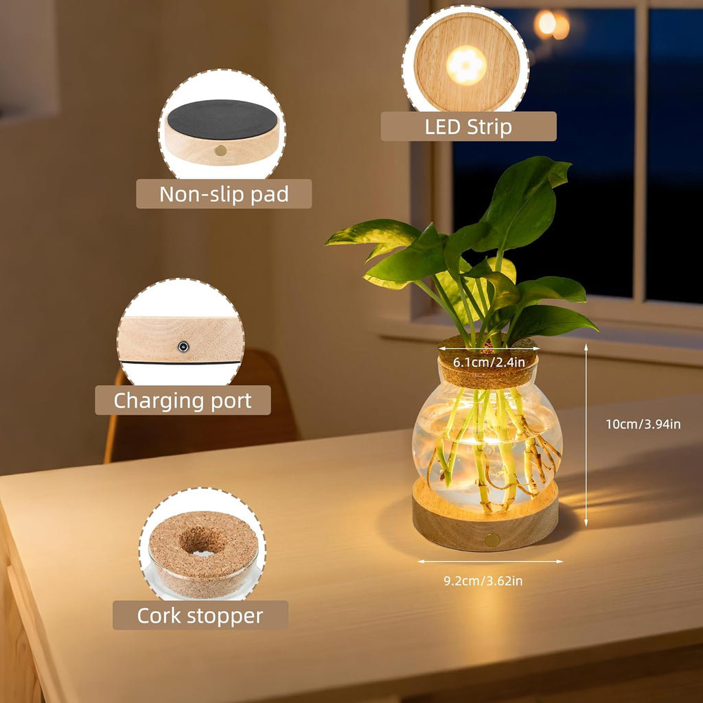 Plant Propagation Station with Wooden Saucer, Glass Terrarium with Stepless Dimming Function Hydroponic Glass Container Vase Jars Gardening Gifts for Mom Women Plant Lovers
