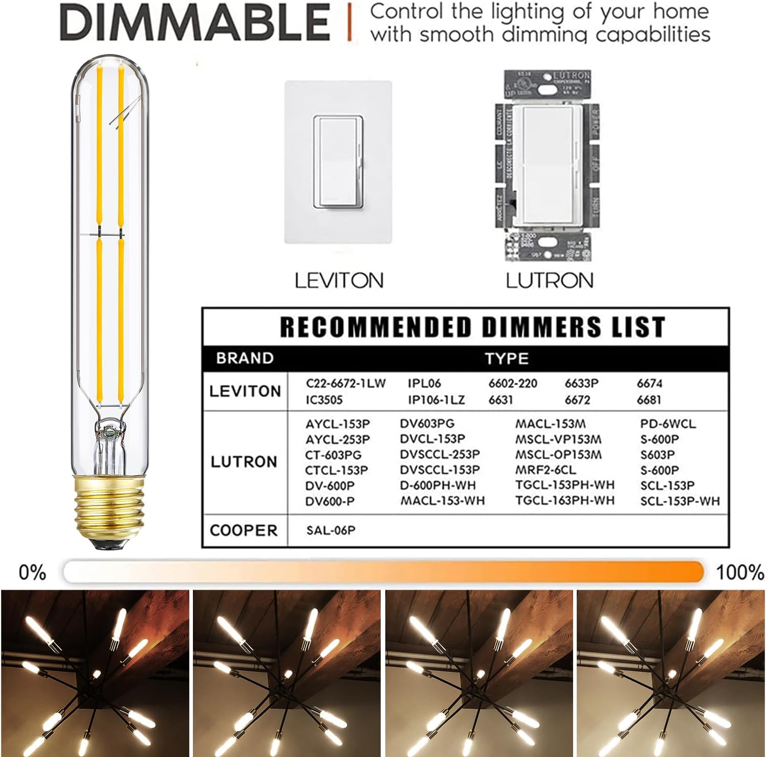 7.3 Inch E26 T10 Led Bulb 60 watt 3000k Soft White Edison Bulbs,6W E26 Long Light Bulb Tubular Light Bulb T10 Bulb T9 for Rustic Pendant,Industrial Pipe,Wall Sconces 6 Pack