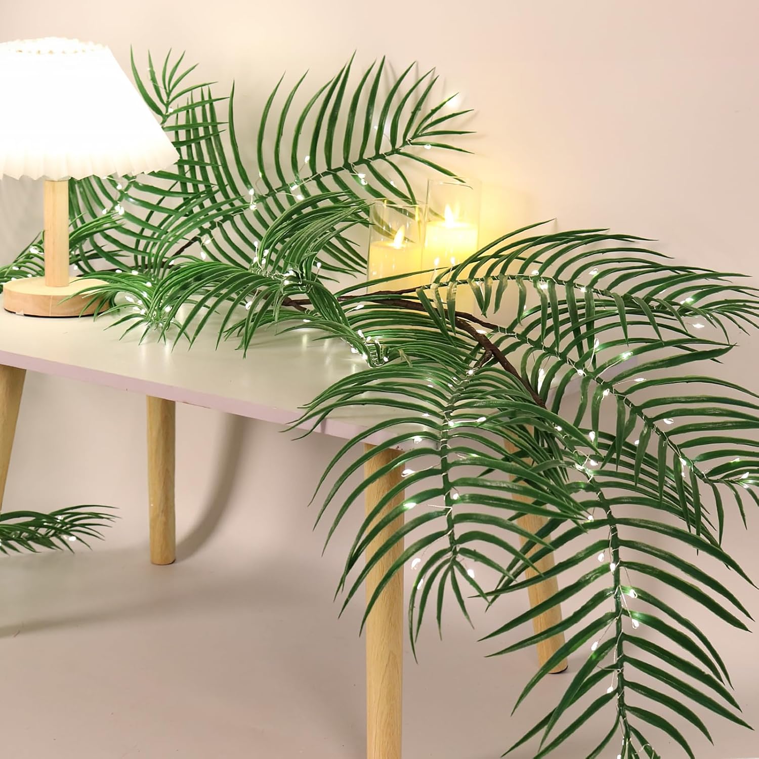 RECUTMS Artificial Palm Leaves Garland Ivy 6FT with 150LED Fairy Lights Battery Operated Faux Tropical Monstera Leaf Greenery Twig Vine Indoor Outdoor Home Christmas Fireplace Mantle Table Decoration