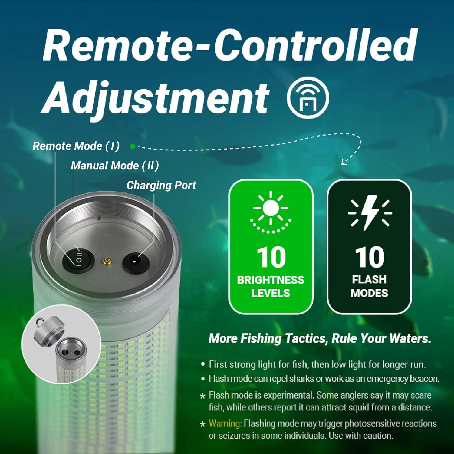 Rechargeable Underwater Fishing Light, Built-in Battery & Cordless, Remote Dimmable, Auto-On in Water, IP68 Waterproof, Multi-Color, Suitable for Boat, Dock, Freshwater, and Saltwater
