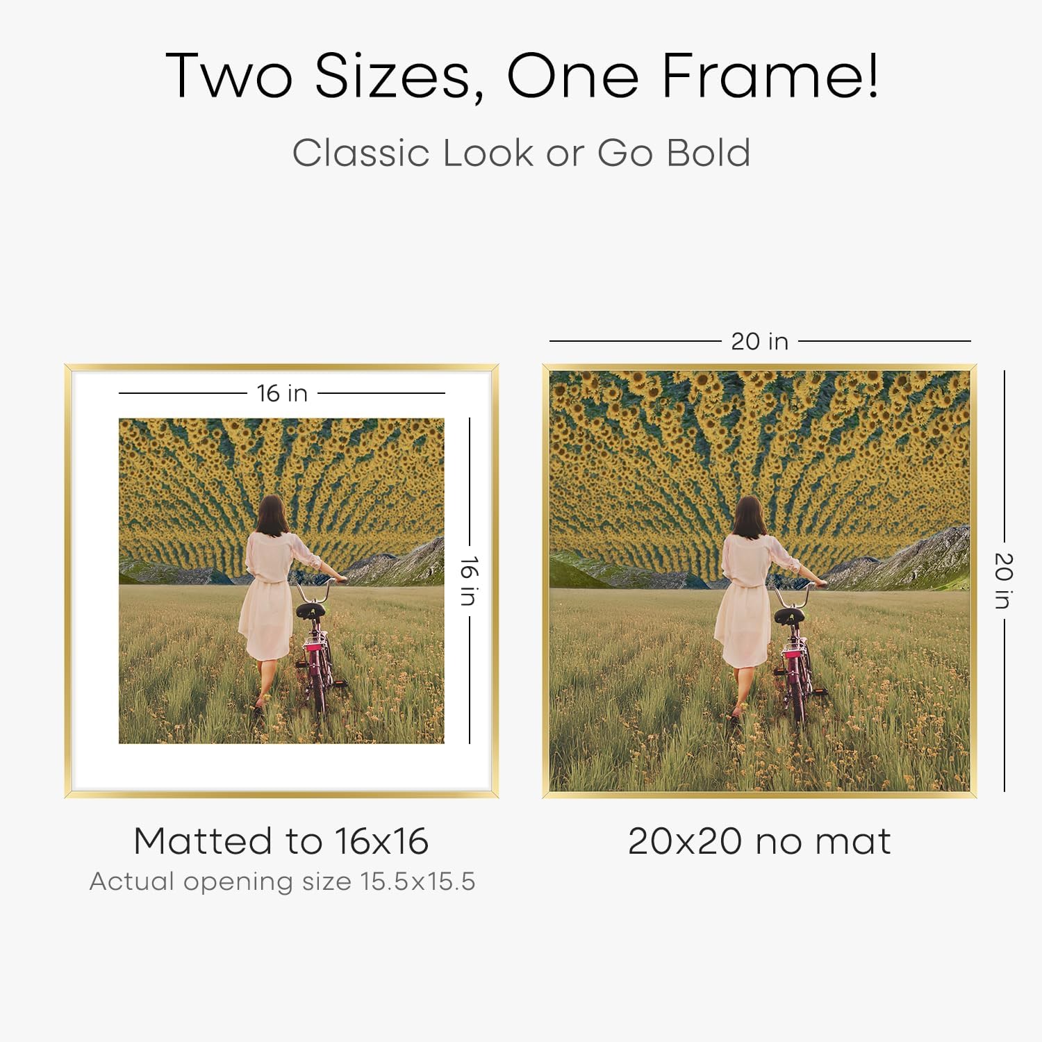 Homeforia 20x20 Picture Frame Gold, High End Metal 20 x 20 Square Poster Frame with Mat 16 x 16 Photo, 20x20 Frame Matted to 16x16 Print, 20by20 Gold Hanging Frames, Tempered Glass, Wall Kit, Set of 2