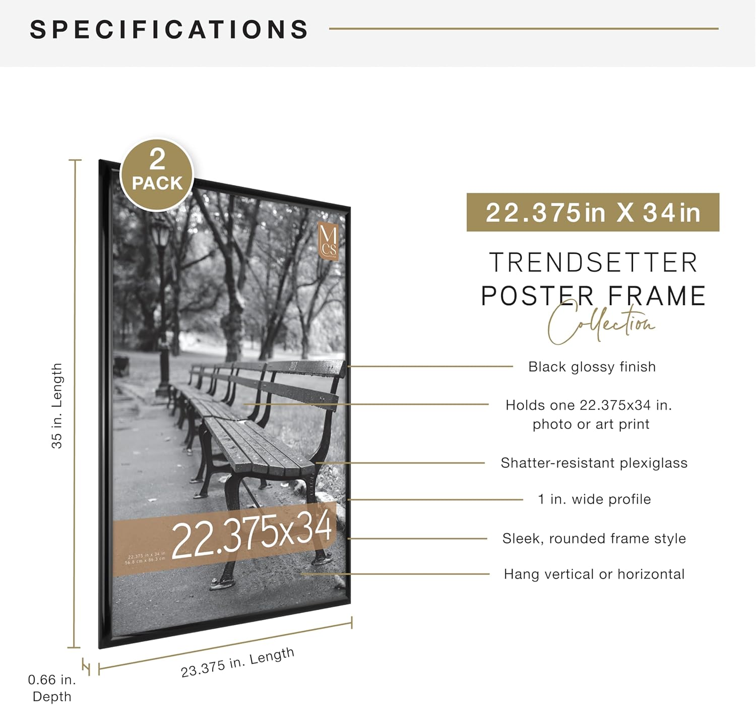 MCS Trendsetter 22.75x34 Poster Frame Black High-Gloss, Vertical & Horizontal Wall Hanging Large Picture Frame for Photos, Posters & Art Prints (2-Pack)