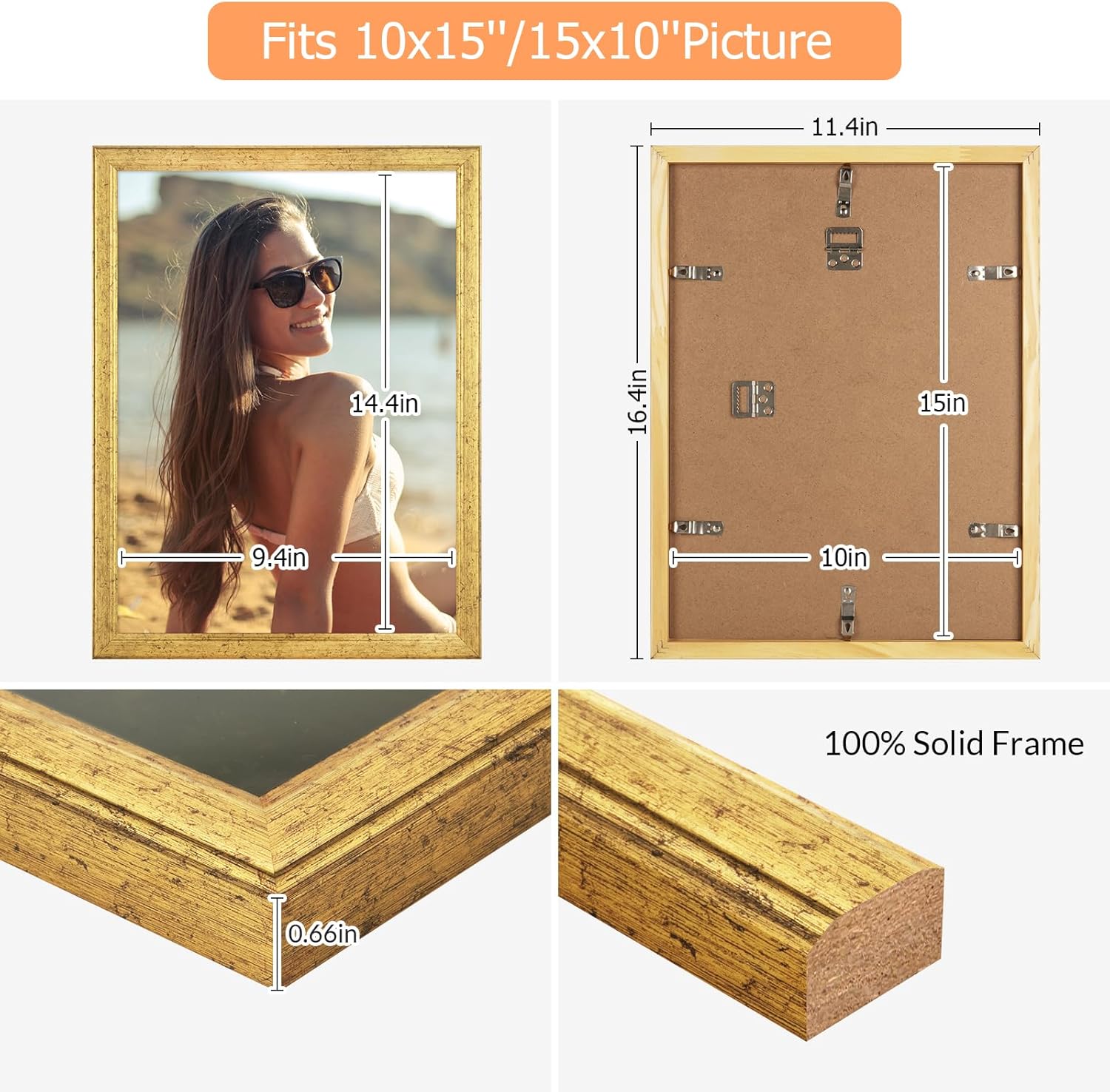 Wood 10x15 Frame Gold, Ornate Natural 15x10in Poster Picture Frame, Modern Golden 10 x 15inch Gallery Wall Photo Frame with HD Plexiglass, Horizontal Vertical Wall Mounting Display 1pcs