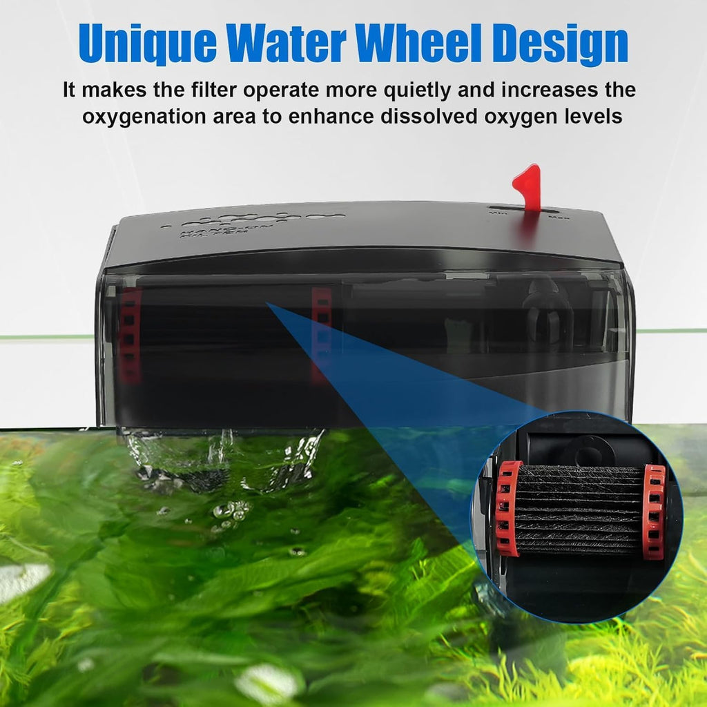 AQQA Aquarium Filter 10-30 Gallon Fish Tank Filters with Bio-Wheel Power, Hang on Back Aquarium Filter, Adjustable Flow Hob Filter, Quiet Efficient and Silent Operation (8W 110 GPH)