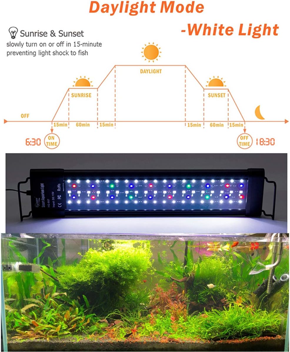 hygger Auto On Off 30-36 Inch LED Aquarium Light Extendable Dimable 7 Colors Full Spectrum Light Fixture for Freshwater Planted Tank Build in Timer Sunrise Sunset