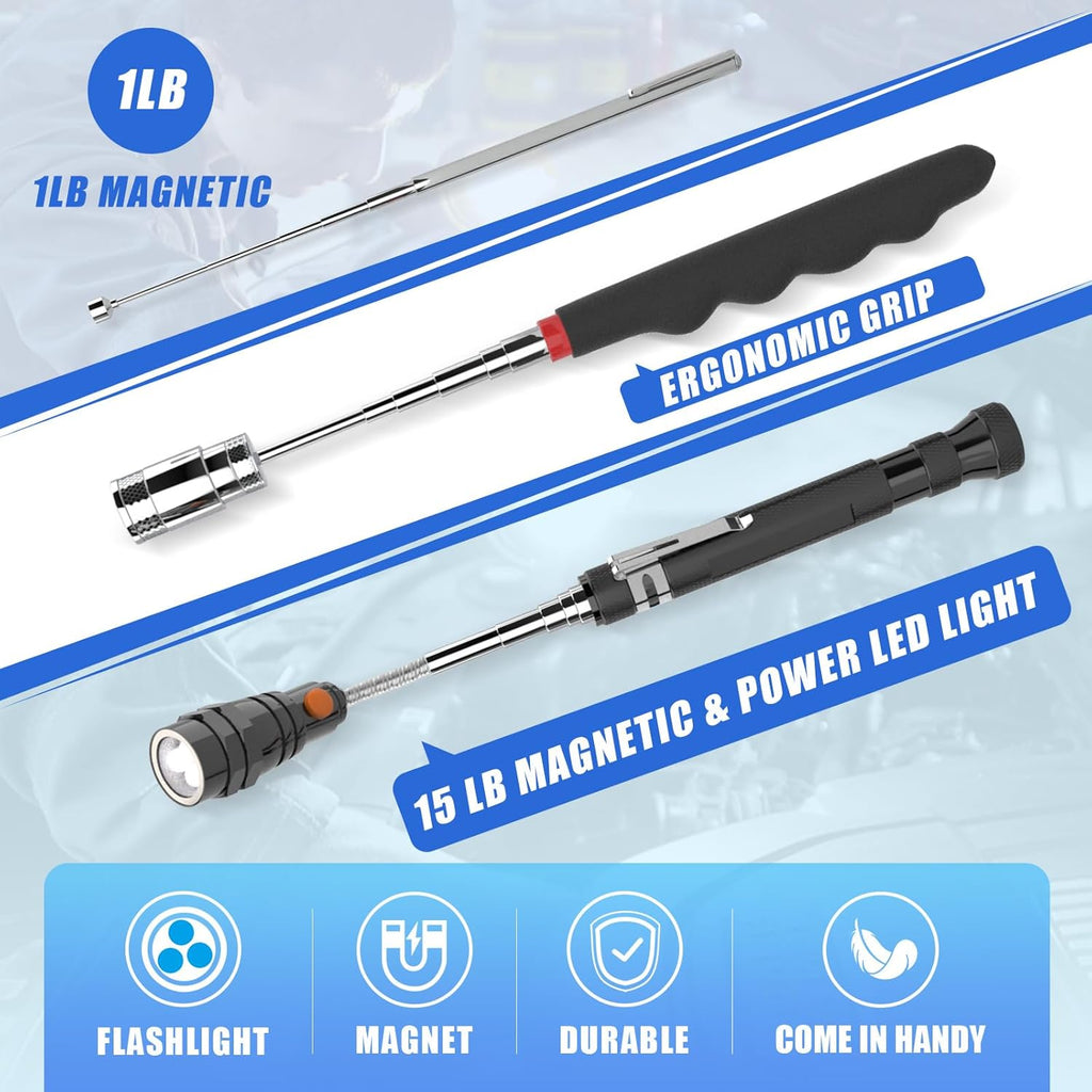 5 PCS Magnetic Pickup Tool Set, 1lb & 15lb Pick Up Rod, Magnetic Flashlight Pickup Tool, Round and Square 360 Swivel Adjustable Inspection Mirror, Fathers Day Dad Gifts, Birthday Gifts for Men, Him