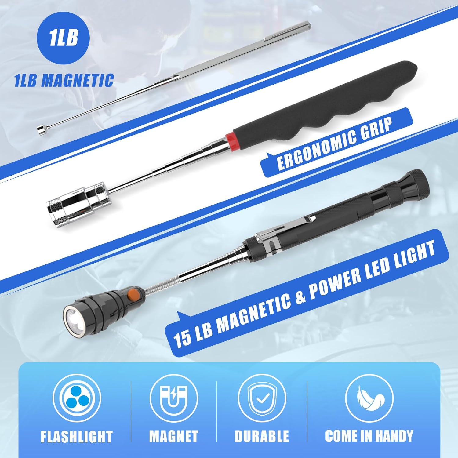 5 PCS Magnetic Pickup Tool Set, 1lb & 15lb Pick Up Rod, Magnetic Flashlight Pickup Tool, Round and Square 360 Swivel Adjustable Inspection Mirror, Fathers Day Dad Gifts, Birthday Gifts for Men, Him