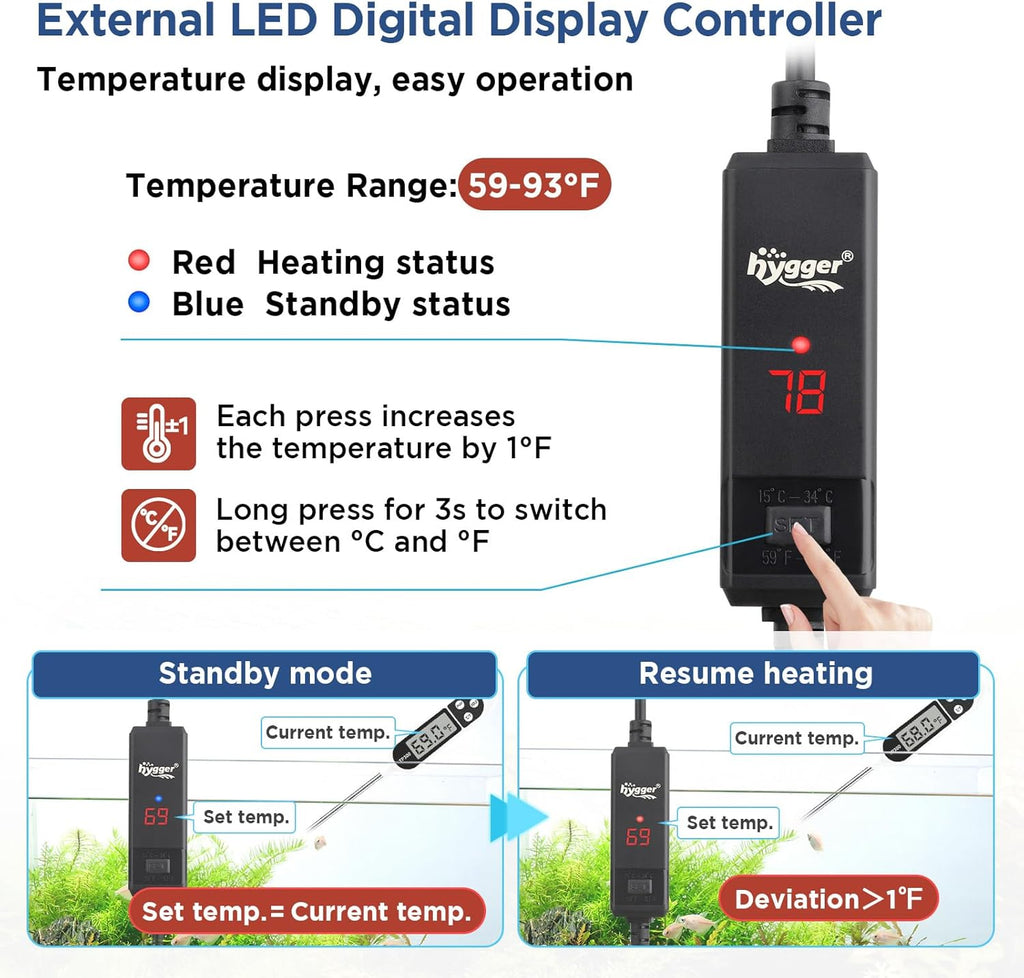 hygger Aquarium Betta Heater,25W/50W/100W/150W/300W/800W Removable Shell Submersible Fish Tank Heater with LED Digital Display,25W Suitable for 1-5 Gallon Freshwater and Saltwater Fish Tank