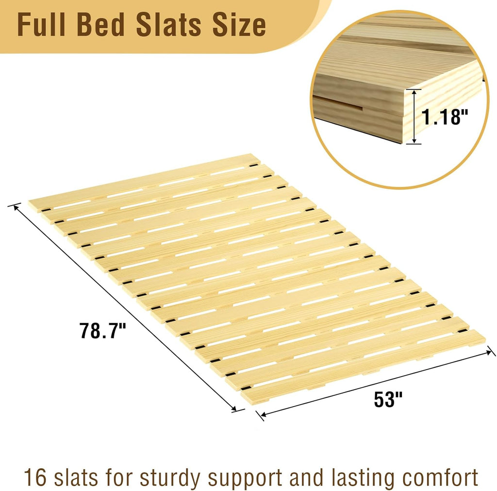 Japanese Tatami Mat Floor Bed, Knotless Solid Wood, Roll-Up Slatted, Bed Plate with 2 Storage Straps, Moisture-Proof and Breathable for Floor Sleeping or Futon Mattress, Full