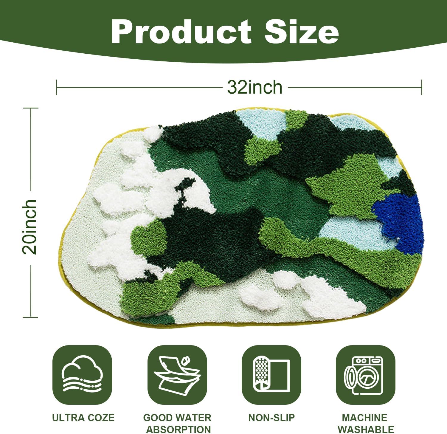 Aesthetic 3D Moss Rug, Super Absorbent Non-Slip Microfiber Grass Mat for Playroom, Irregular Shaped Green Carpet for Forest Bath Mat, Circle Cute Tufted Area Rug Trendy Rugs for Bedroom 31x20 in