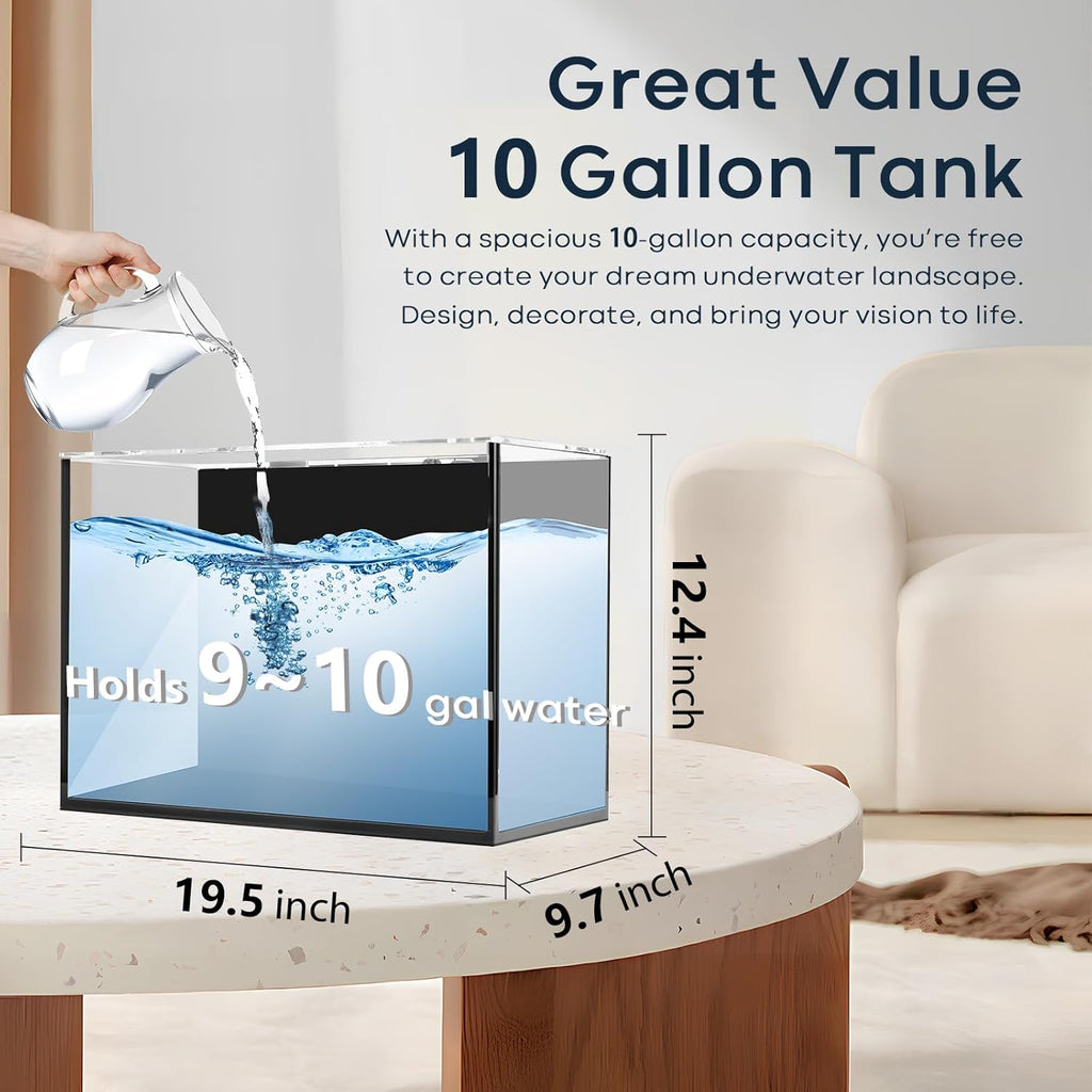 10 Gallon Glass Fish Tank, Aquarium Fish Bowl Cube for Betta Goldfish Snails Shrimp Aquatic Planting, Easy to Maintain Ultra Clear Rimless Dark Background Low Iron