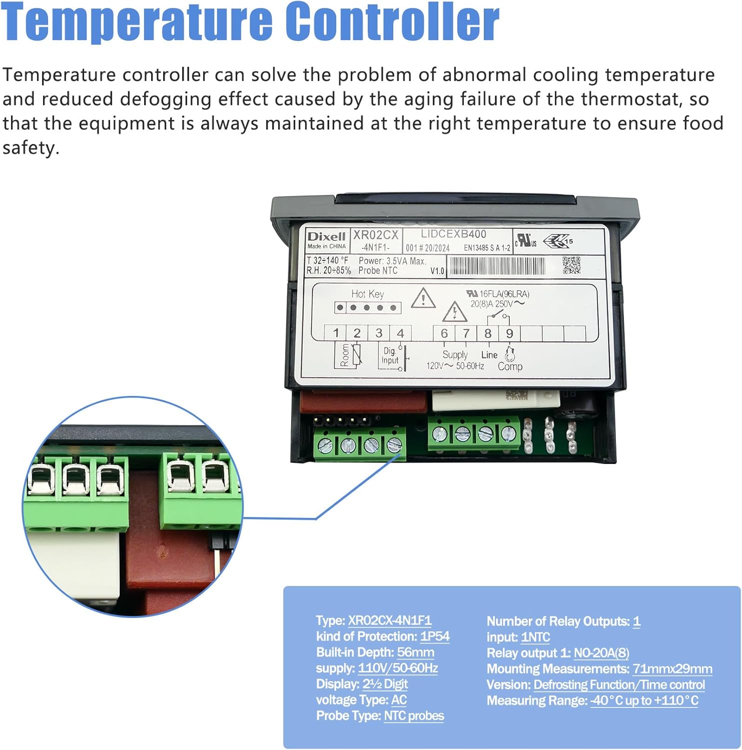 XR02CX-4N1F1 Dixell Temperature Controllers Refrigerator Digital Thermostat Controller for Fridges Freezers Heating Appliances 120V/50-60Hz with 1 NTC Probe