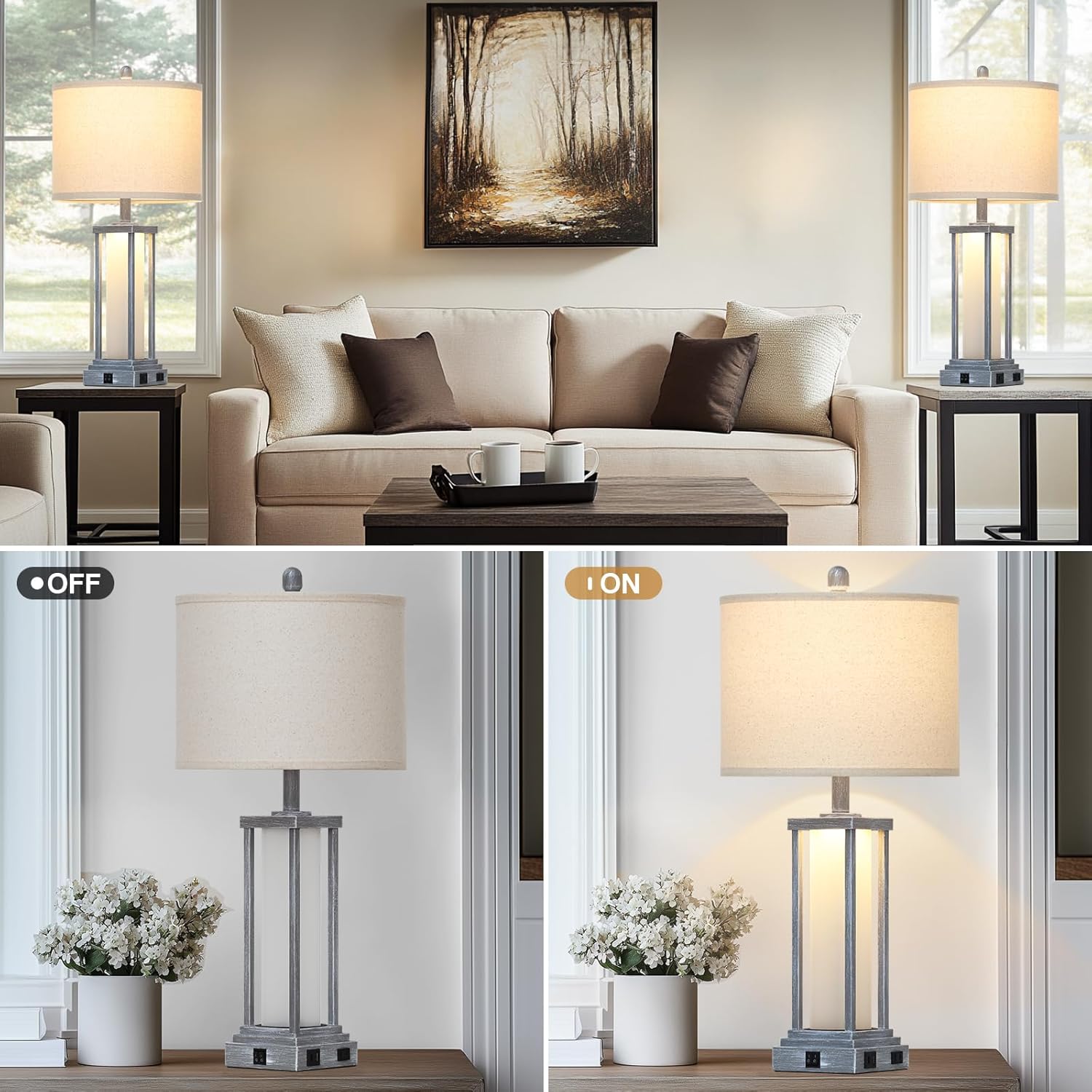27" Tall Vintage Table Lamp Set of 2 with USB C+A & Outlet,Gray Nightstand Lamp for Living Room,Retro Bedside Lamps with Frosted Glass Night Light for Bedroom Entryway,Grey