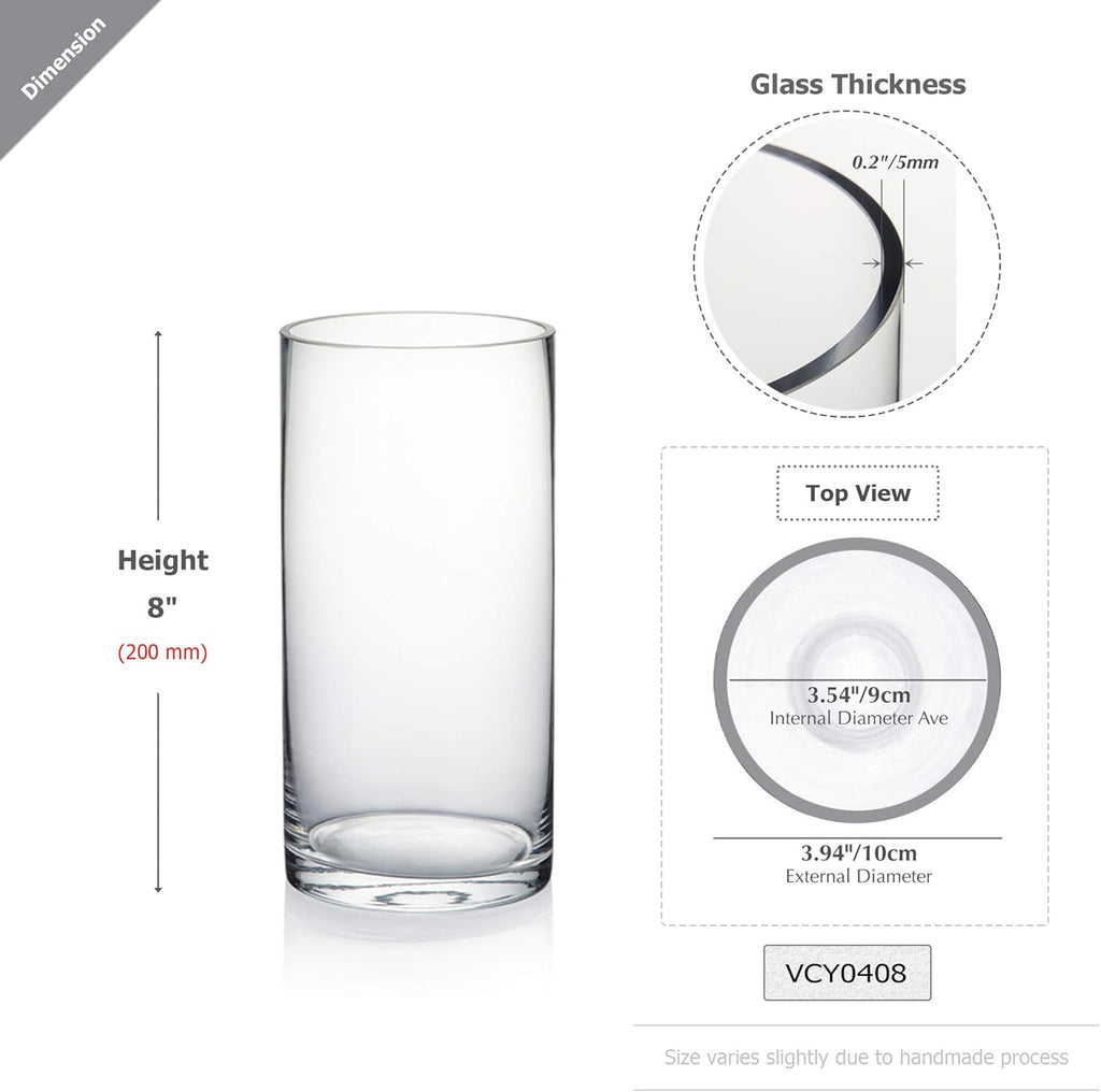 WGVI Quality Thick Weighted Clear Cylinder Glass Vases, 4" W x 8" H, Flower Arrangement Floating Candle Holders Wedding Centerpieces Terrarium Planter Floral Storage Container, Bulk Wholesale, 12 Pcs