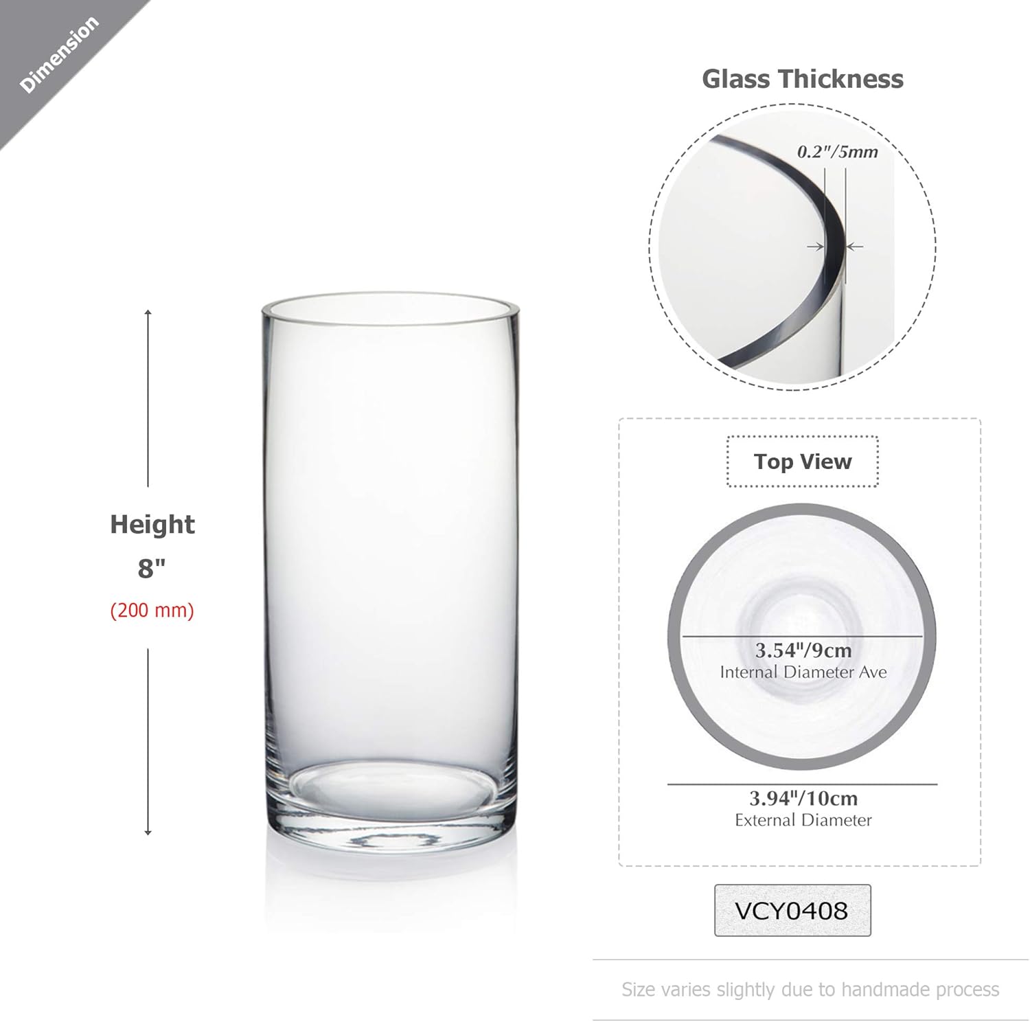 WGVI Quality Thick Weighted Clear Cylinder Glass Vases, 4" W x 8" H, Flower Arrangement Floating Candle Holders Wedding Centerpieces Terrarium Planter Floral Storage Container, Bulk Wholesale, 6 Pcs