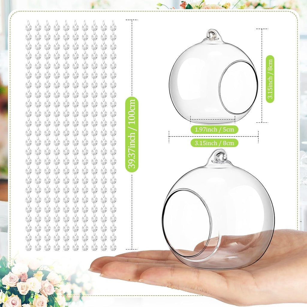 3.15'' Hanging Glass Tealight Holder Globe and Clear K9 Crystal Garland Strands, Hanging Glass Terrarium Containers for Wedding Party Tree Decoration(34 Pcs)