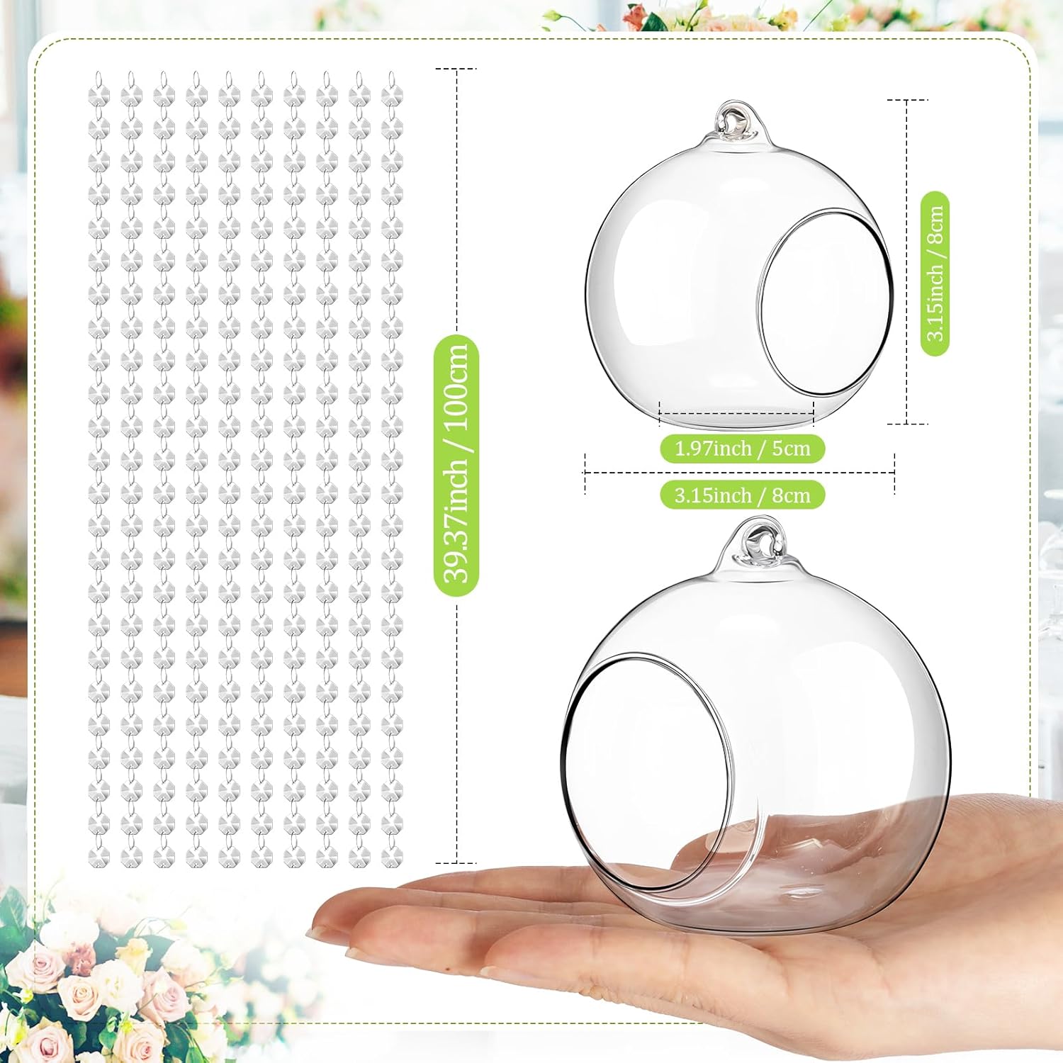 3.15'' Hanging Glass Tealight Holder Globe and Clear K9 Crystal Garland Strands, Hanging Glass Terrarium Containers for Wedding Party Tree Decoration(34 Pcs)